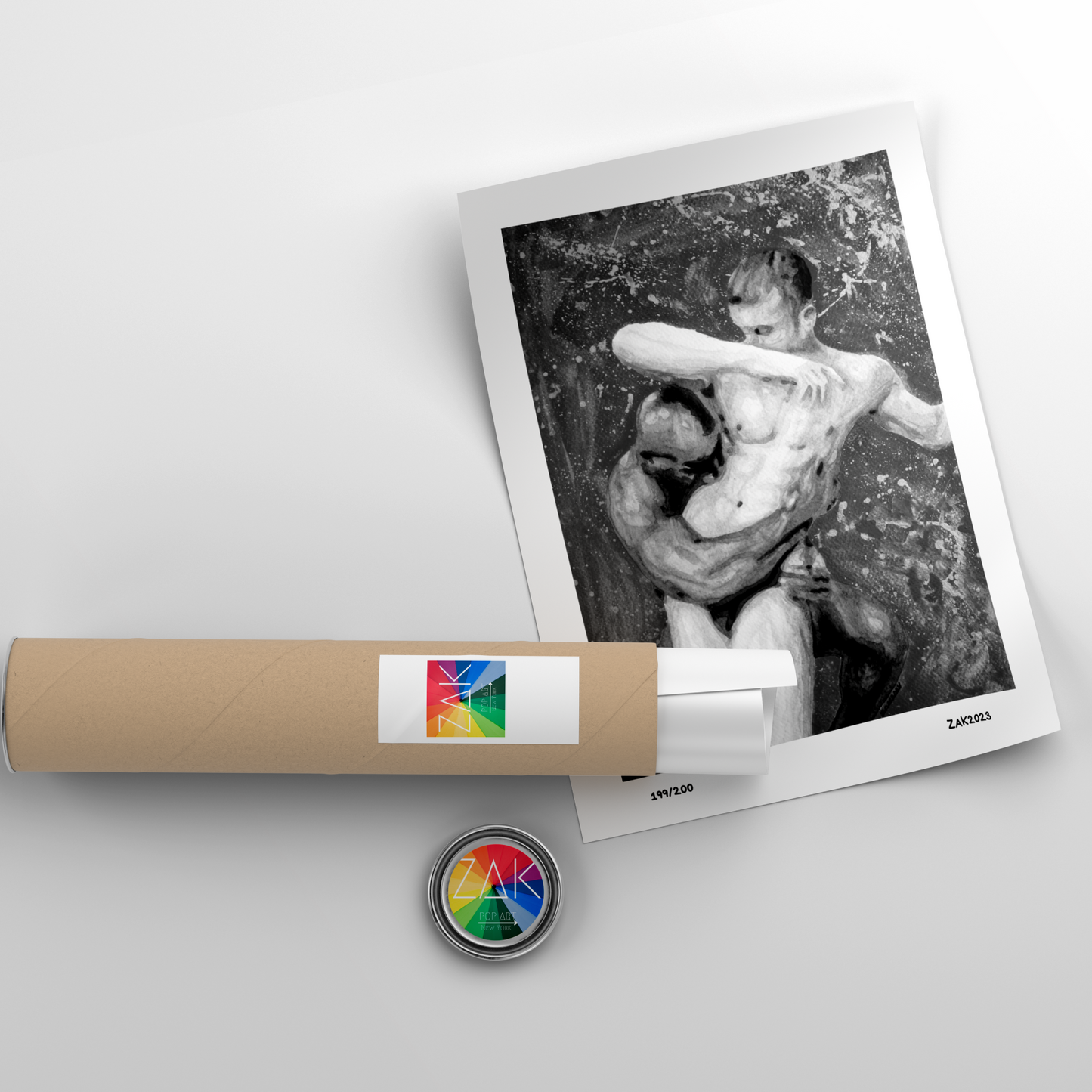 Naked man in water with a roll of film and a button on a light gray background