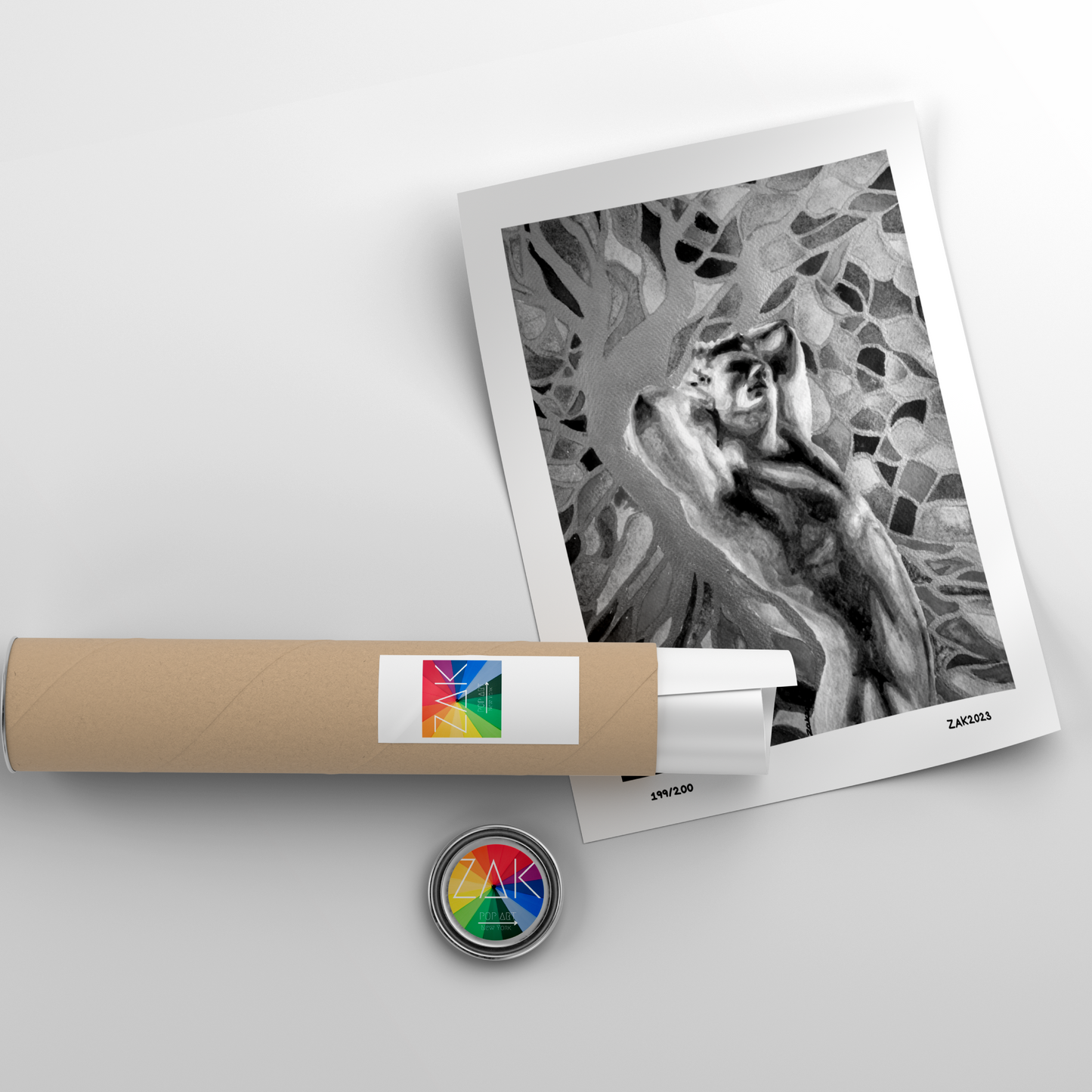 Artistic print of a cat in a frame with a rolled-up poster and a button on a light gray background