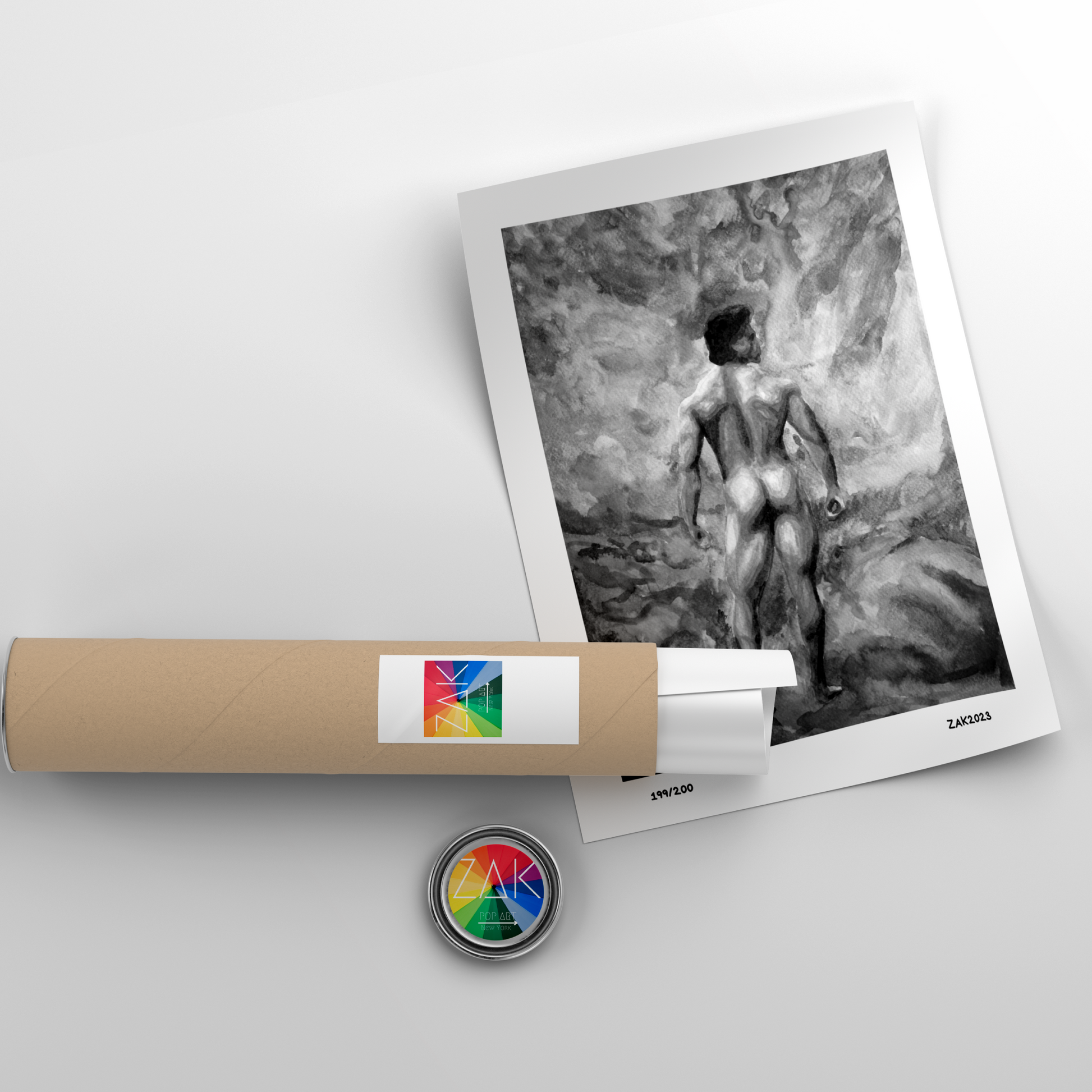 Artistic depiction of a wrapped print with a black and white image of a person on a light gray background.