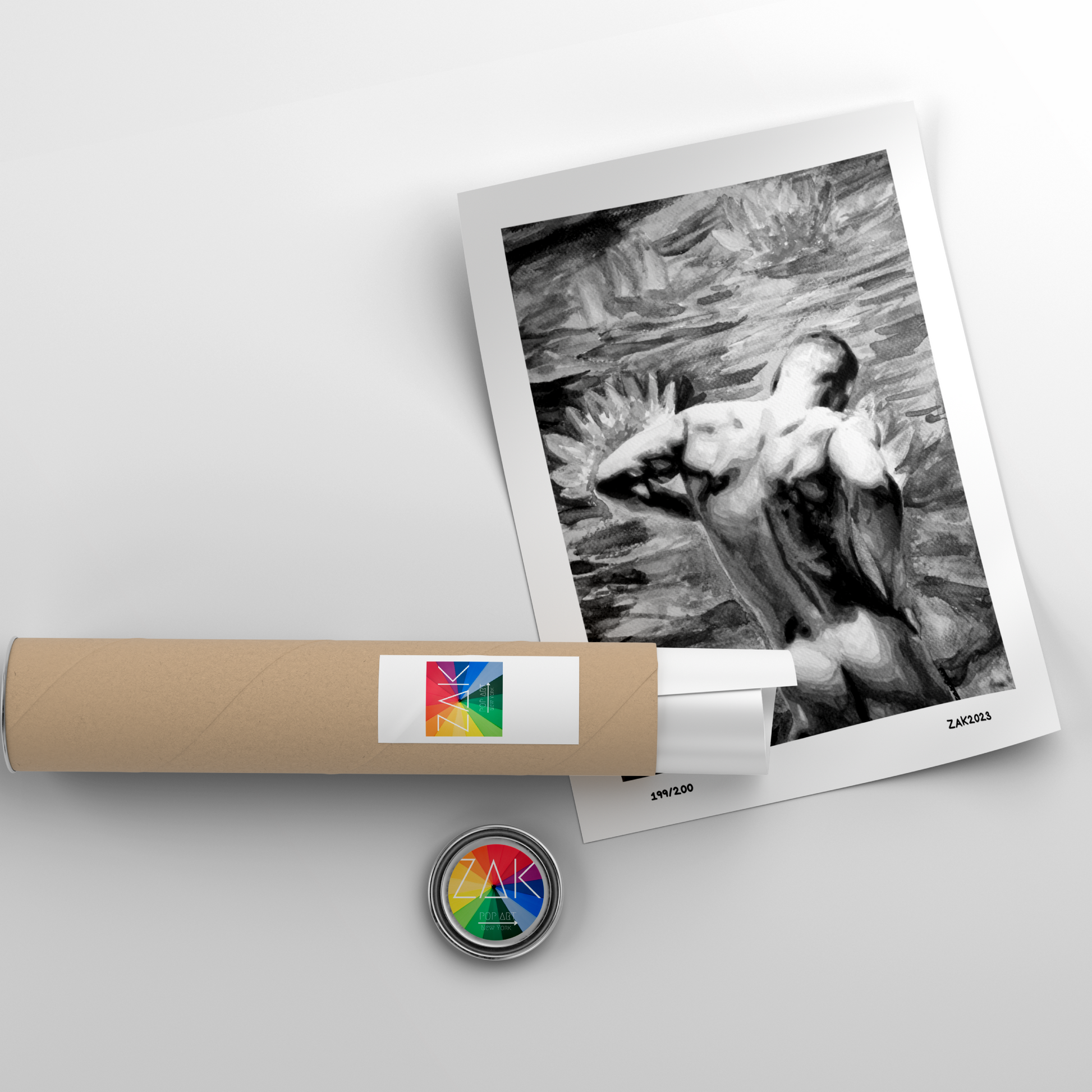 Unframed black and white artwork of a nude figure on a white background with a cylindrical packaging tube.