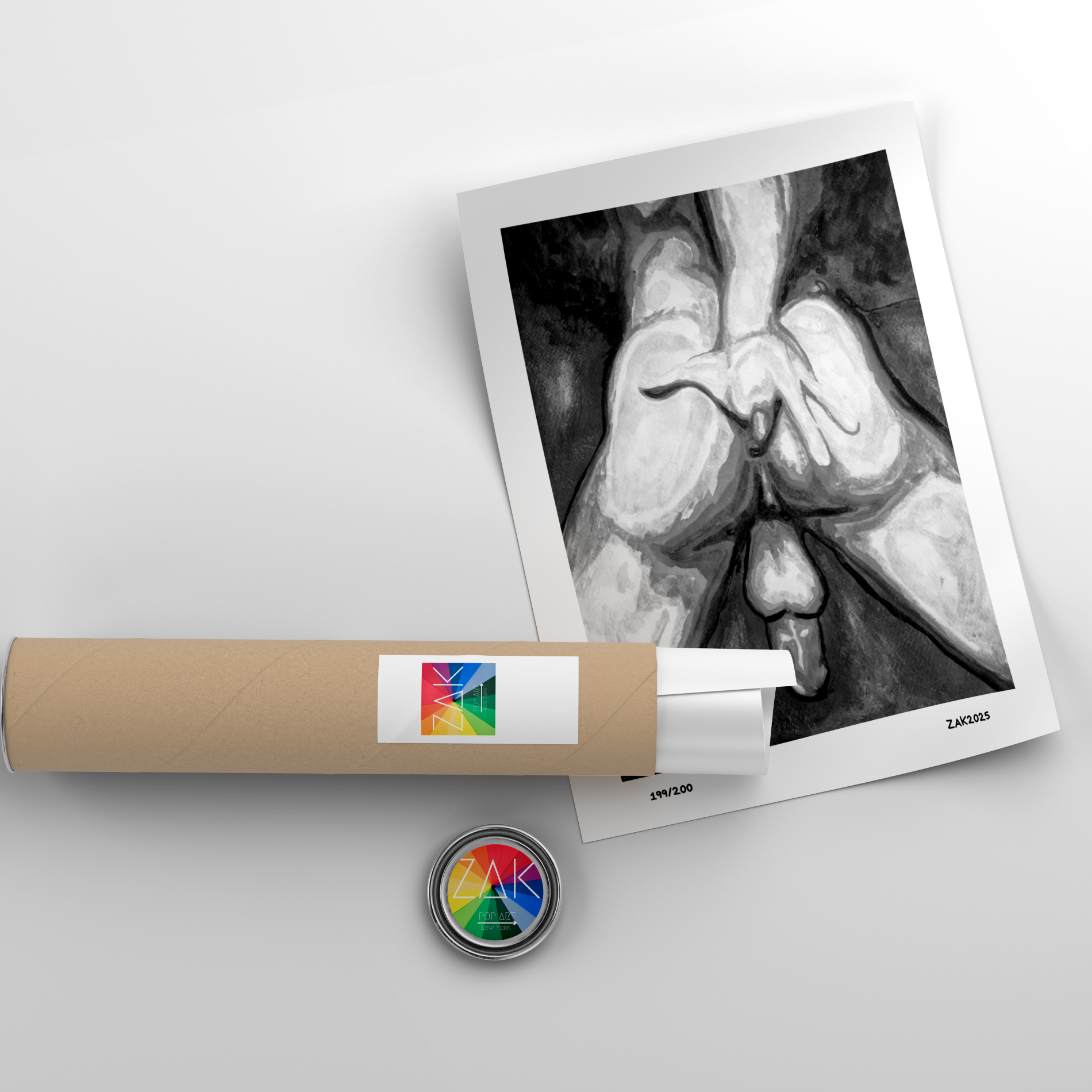 Artistic depiction of a foot in a white frame with a rolled-up paper and a button on a light gray background