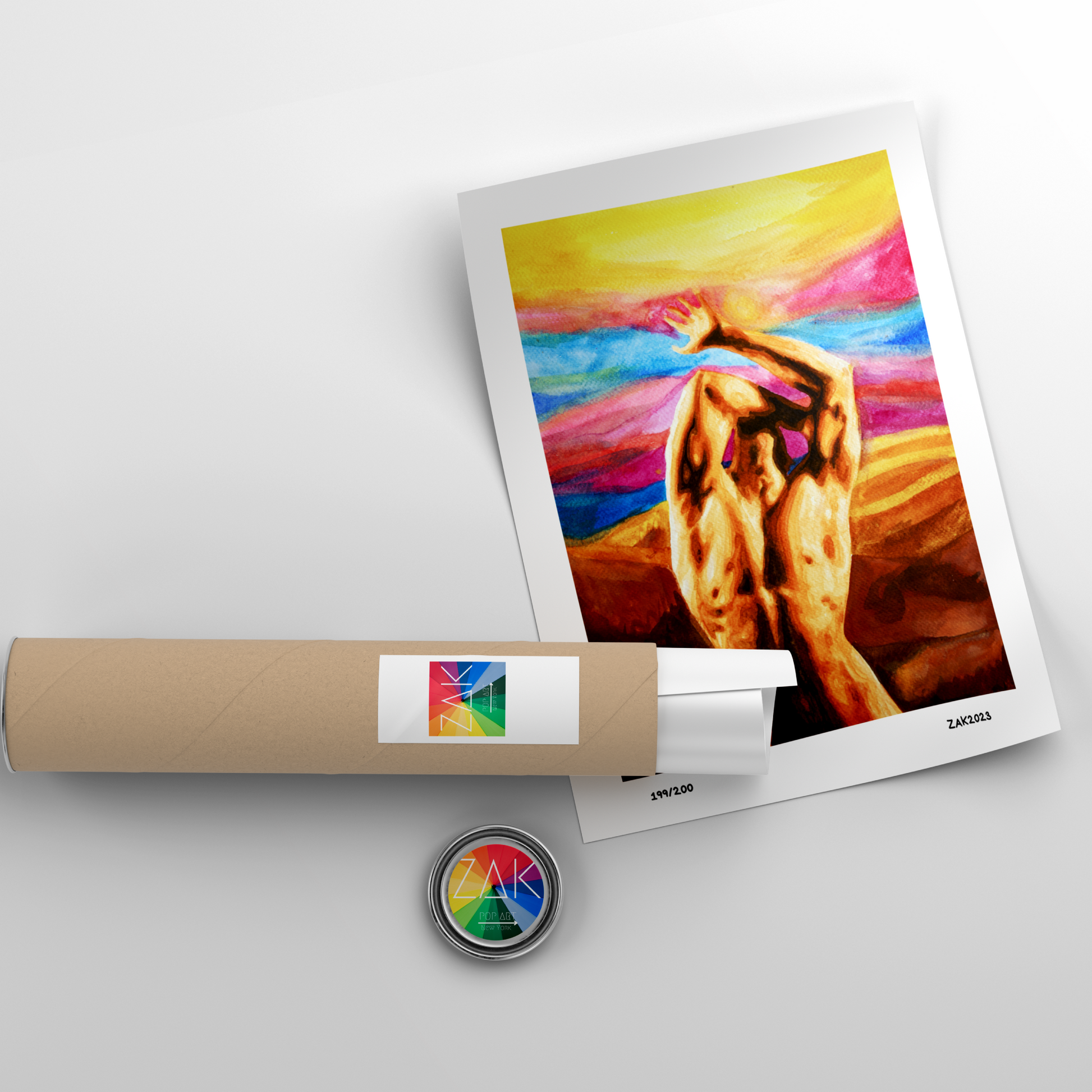 Artistic depiction of a lion with a colorful background, wrapped in paper with a brand label, on a light gray background.