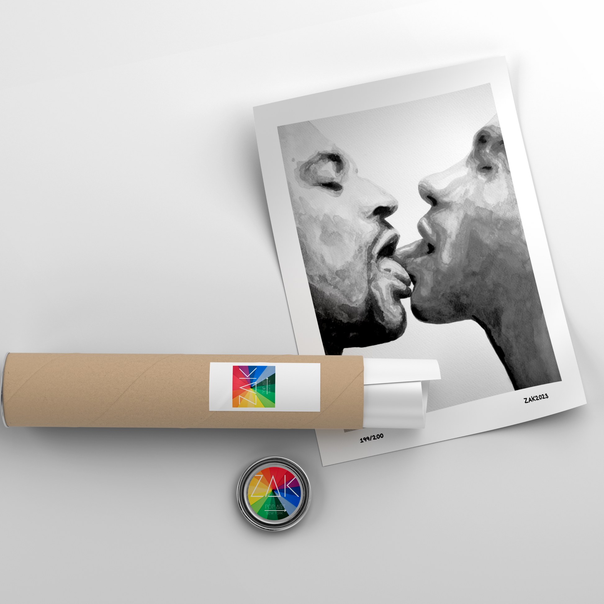 Polaroid photo of two faces with a cylindrical product and colorful label on a light gray background