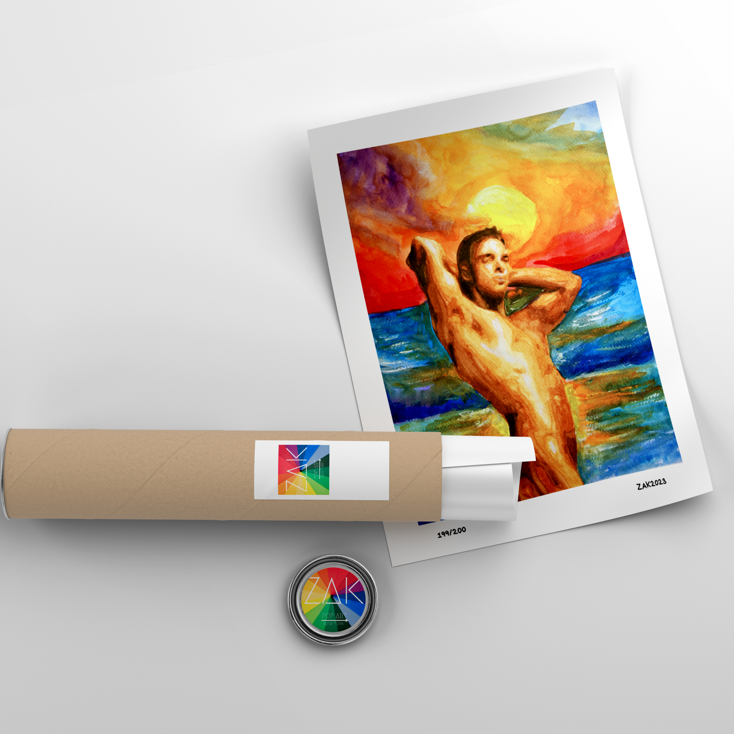 Watercolor painting of a muscular nude young man standing by the ocean at sunset, flexing his arms behind his head. The sky glows with warm golden hues blending into deep blue sea, symbolizing queer pride, strength, and serenity.