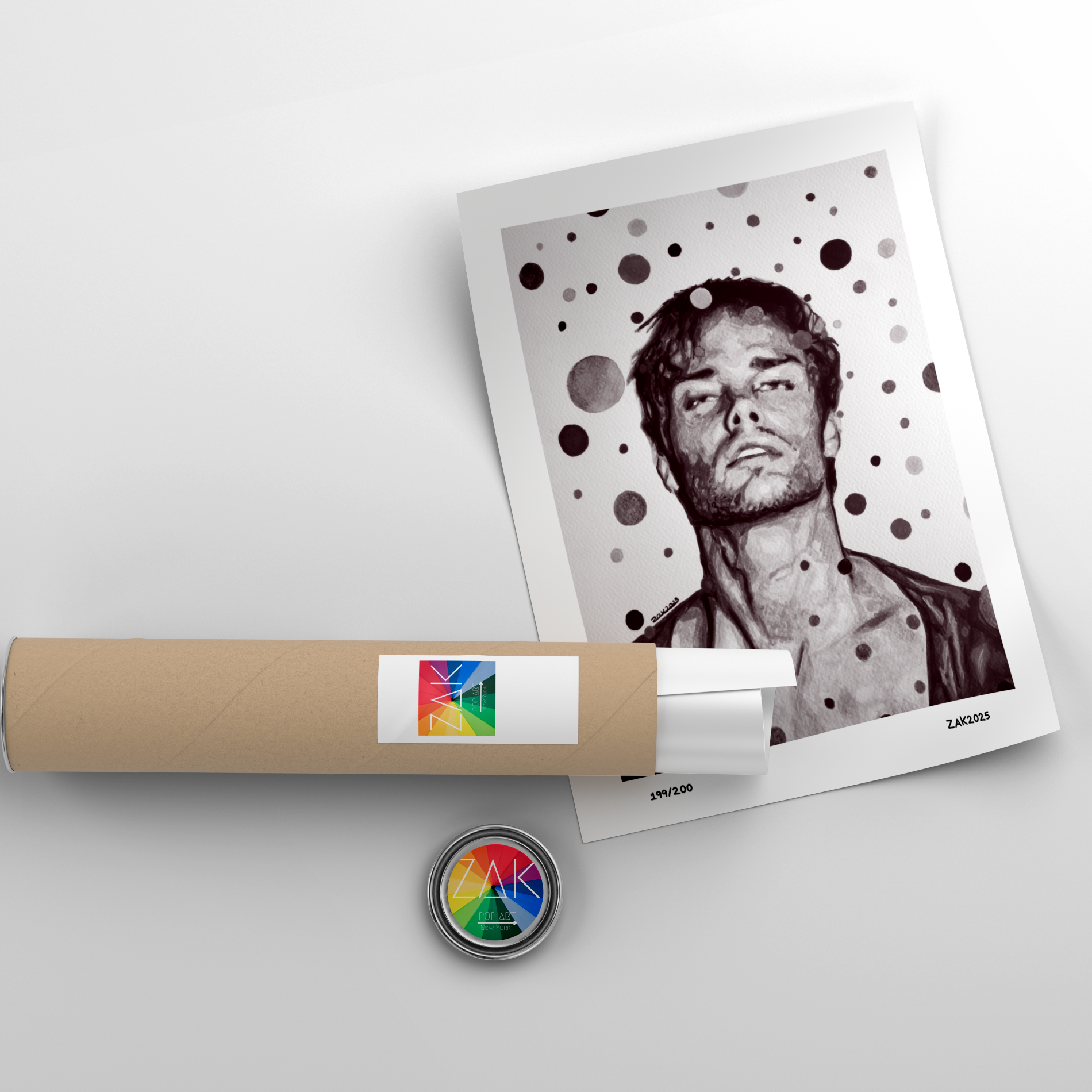 Artistic portrait of a person with a polka dot pattern, displayed on a white surface with a cylindrical cardboard product and a round badge.