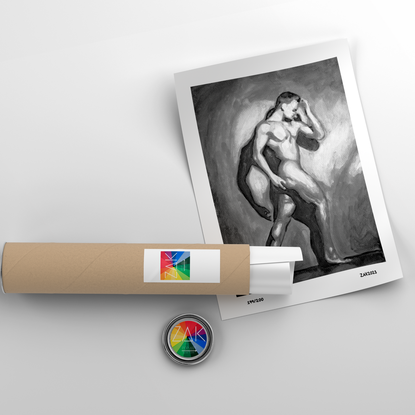 Artistic depiction of a nude figure on a white background with a cylindrical object and a button.