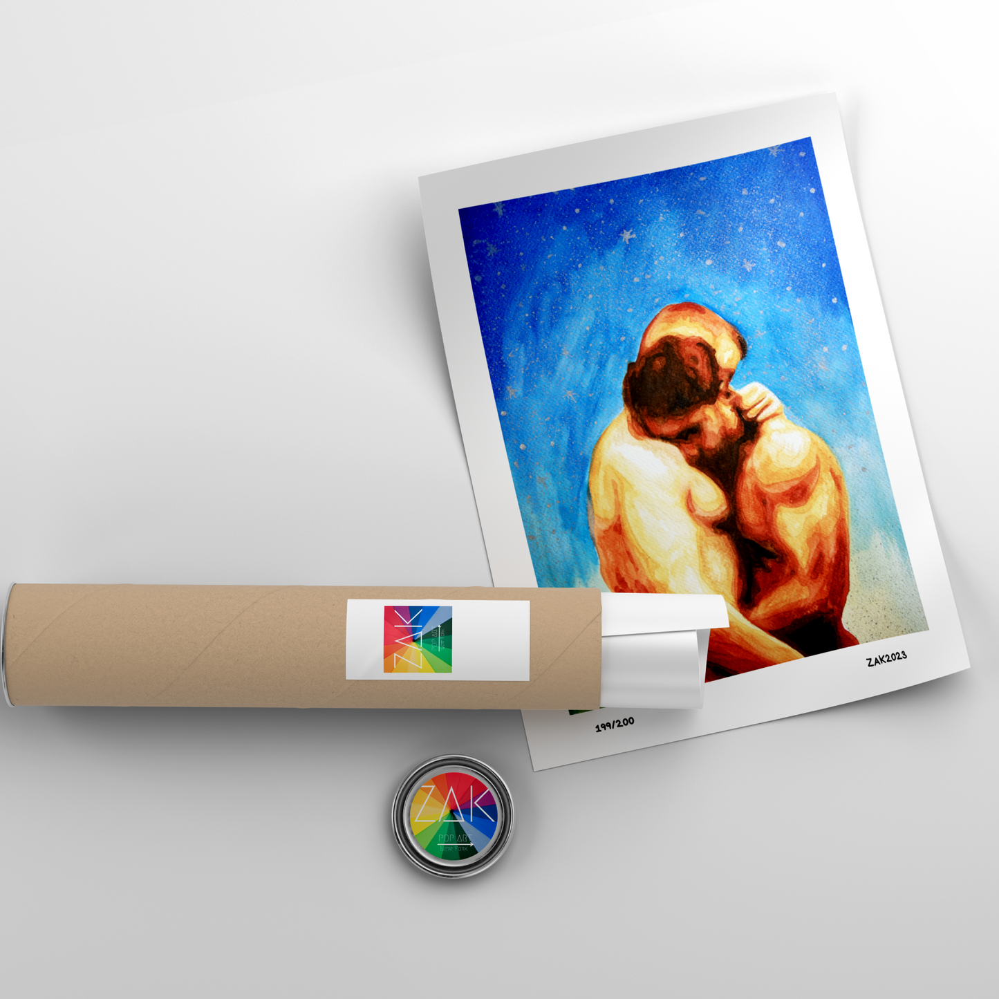 Artistic depiction of a couple embracing with a roll of paper and a button in the foreground on a light gray background