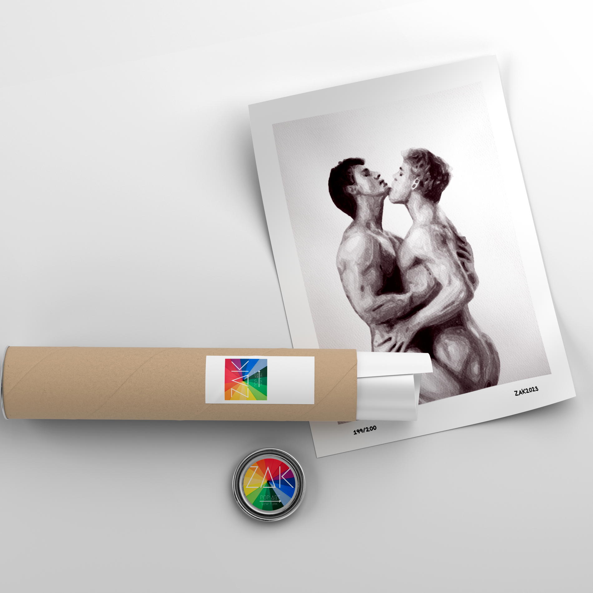 Artistic depiction of a rolled-up artwork with a label and a button on a light gray background