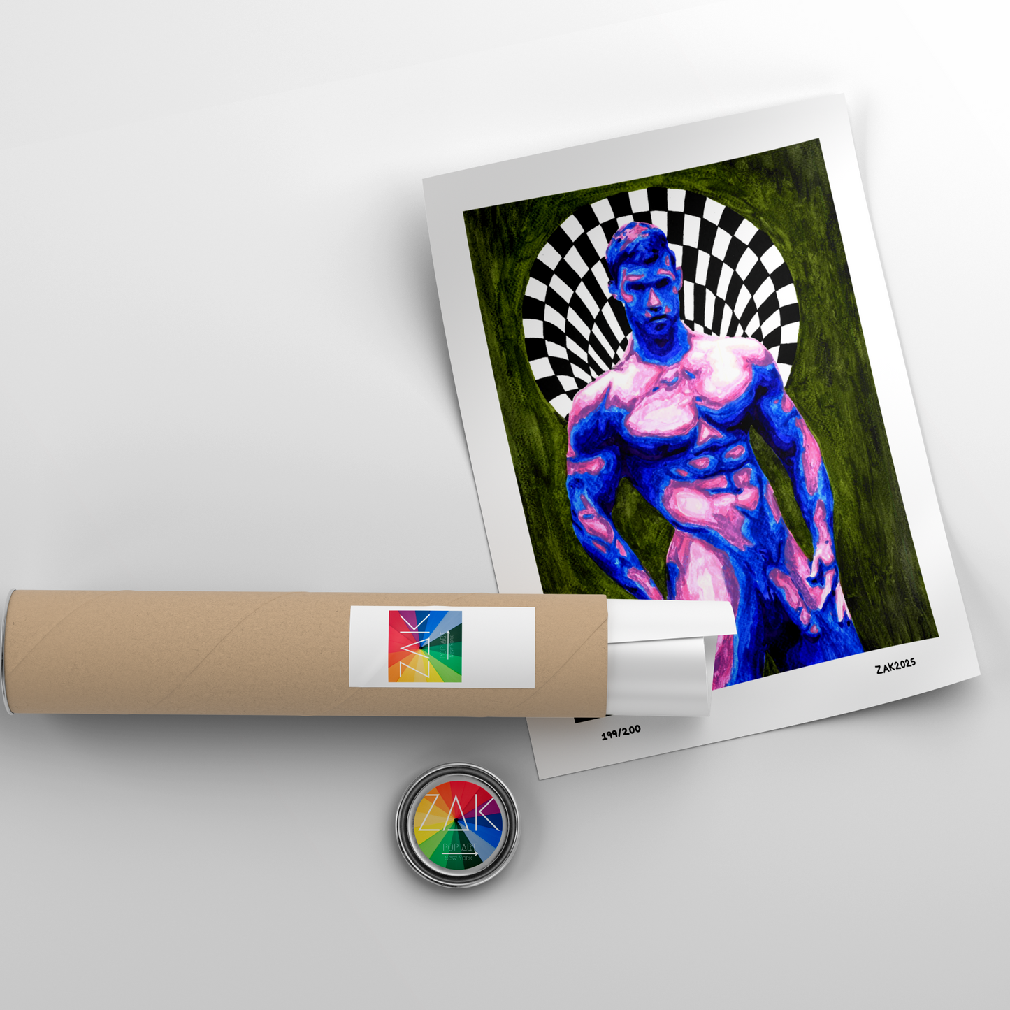 Artistic print of a muscular figure on a white surface with a cylindrical object and circular badge.