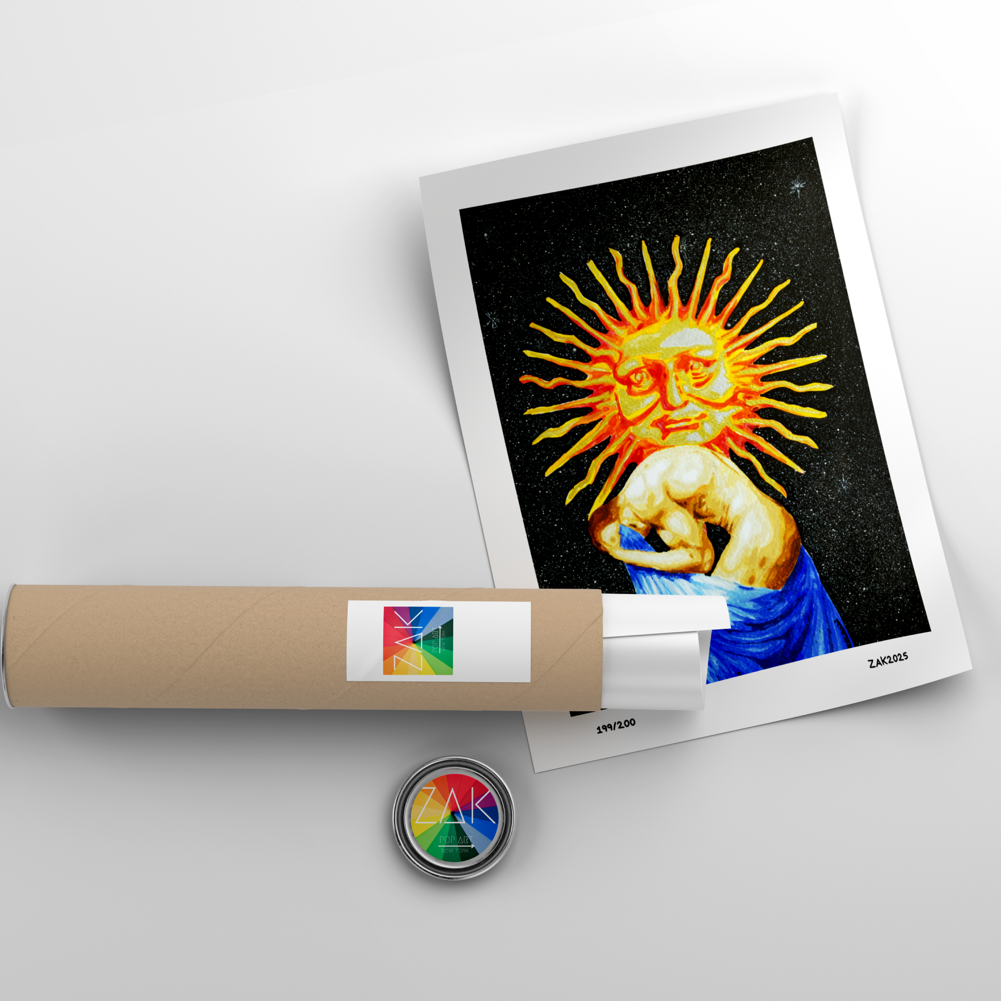 Artistic depiction of a sun god on a framed print with a roll of paper and a button in the foreground.