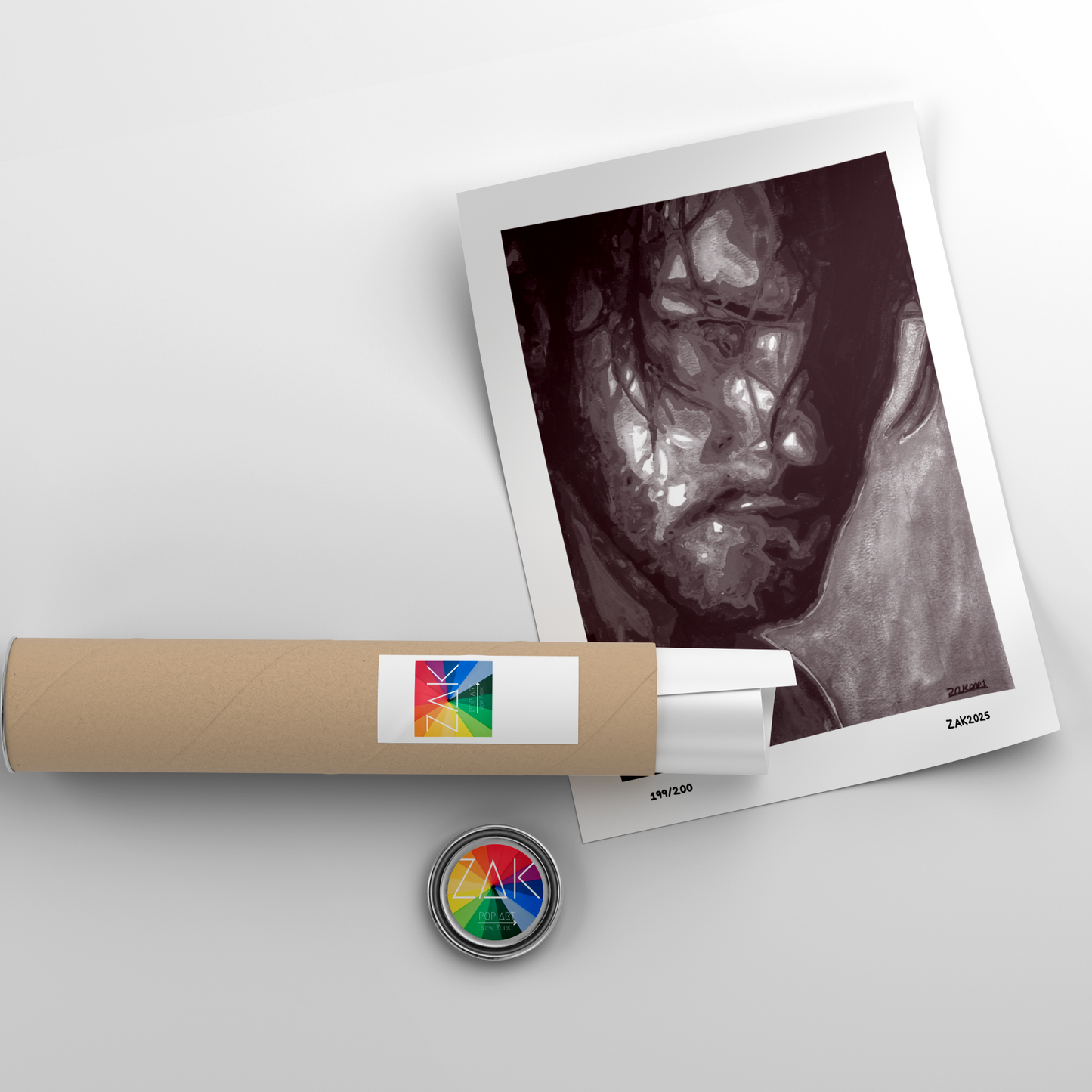 Ultrasound image on a white background with a cylindrical object and colorful label.