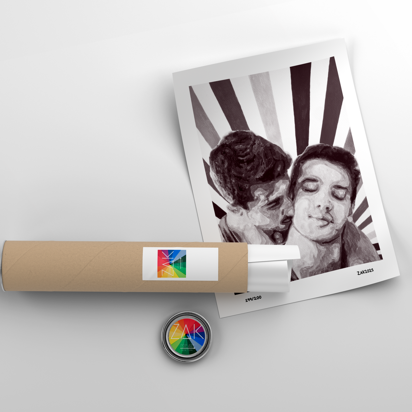 Roll of paper with a printed photo and a small round object on a light gray background