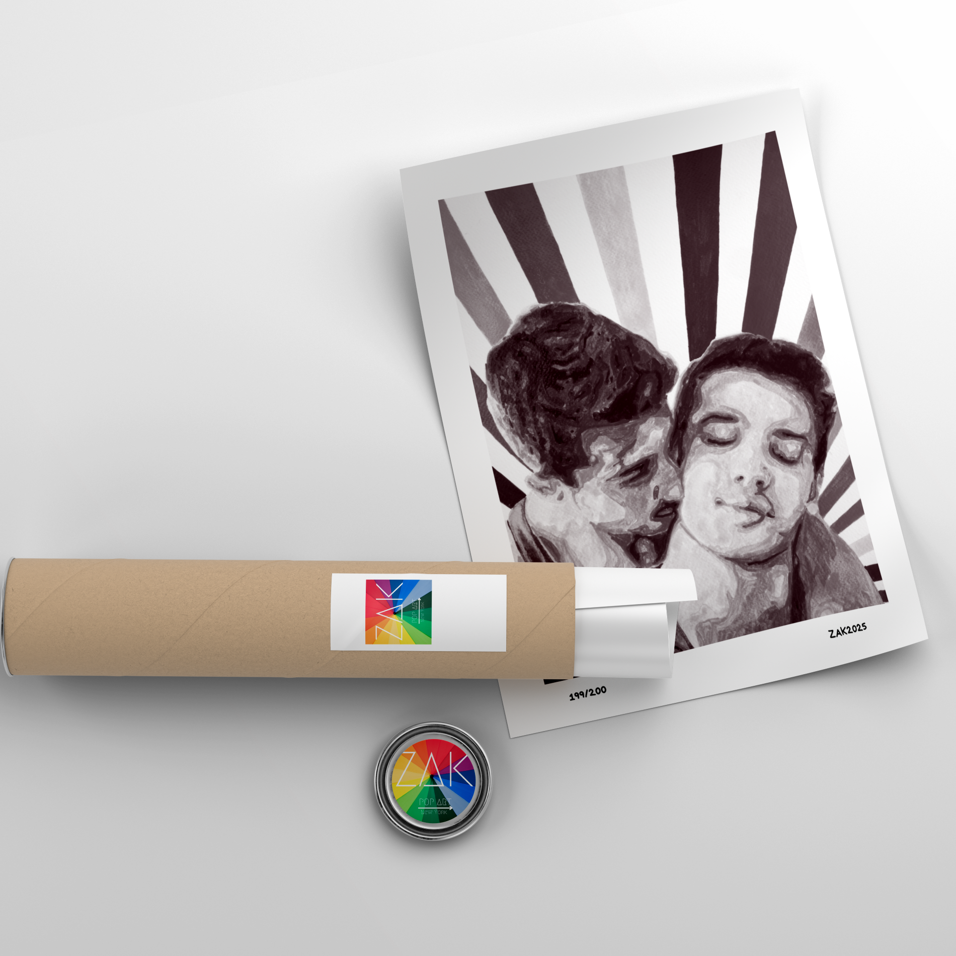 Roll of paper with a printed photo and a small round object on a light gray background