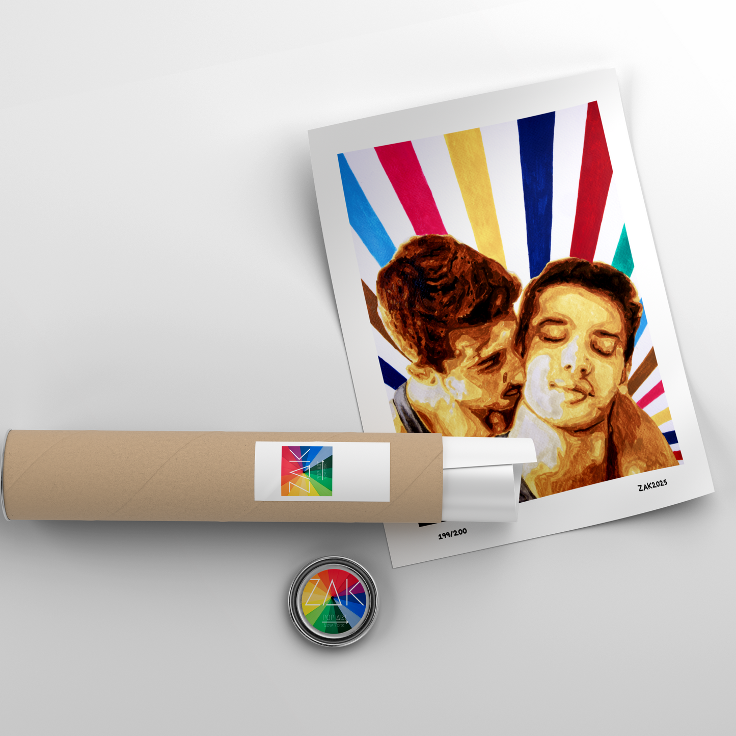 Roll of paper with a colorful design and two people's faces, on a light gray background.