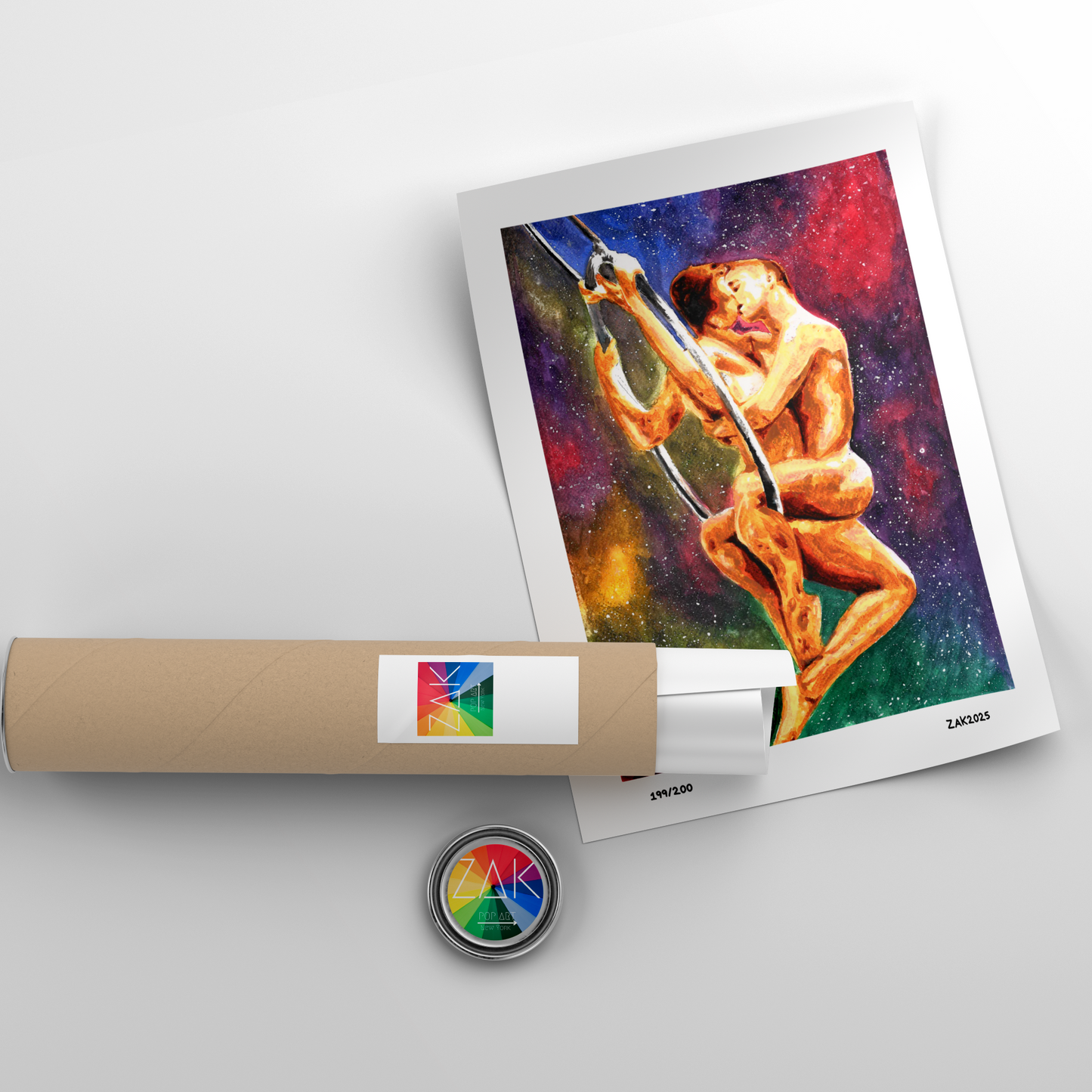 Artistic depiction of a muscular figure on a colorful background with a roll of paper and a button in the foreground.