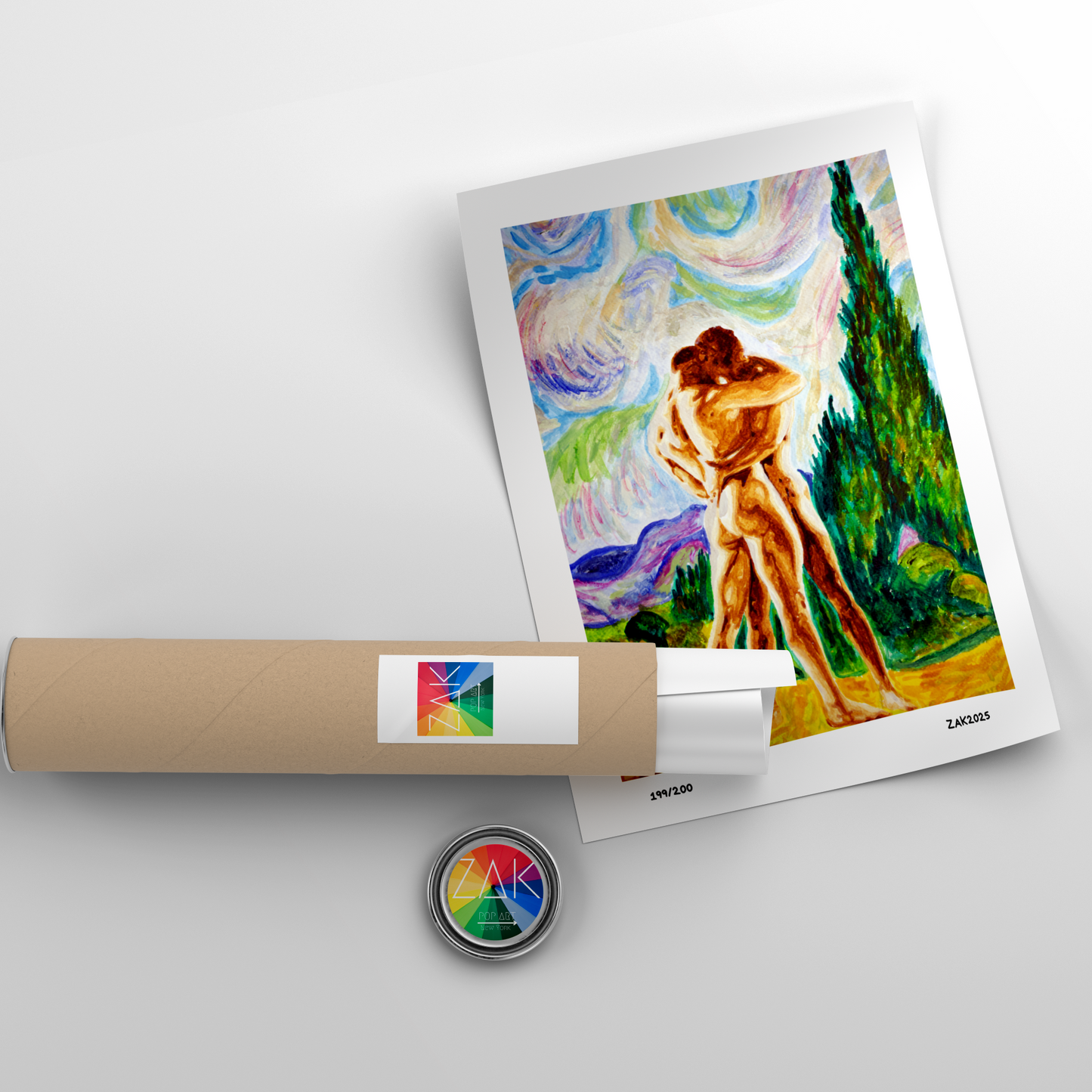 Artistic depiction of a couple embracing with a roll of paper and a small round object on a light gray background.