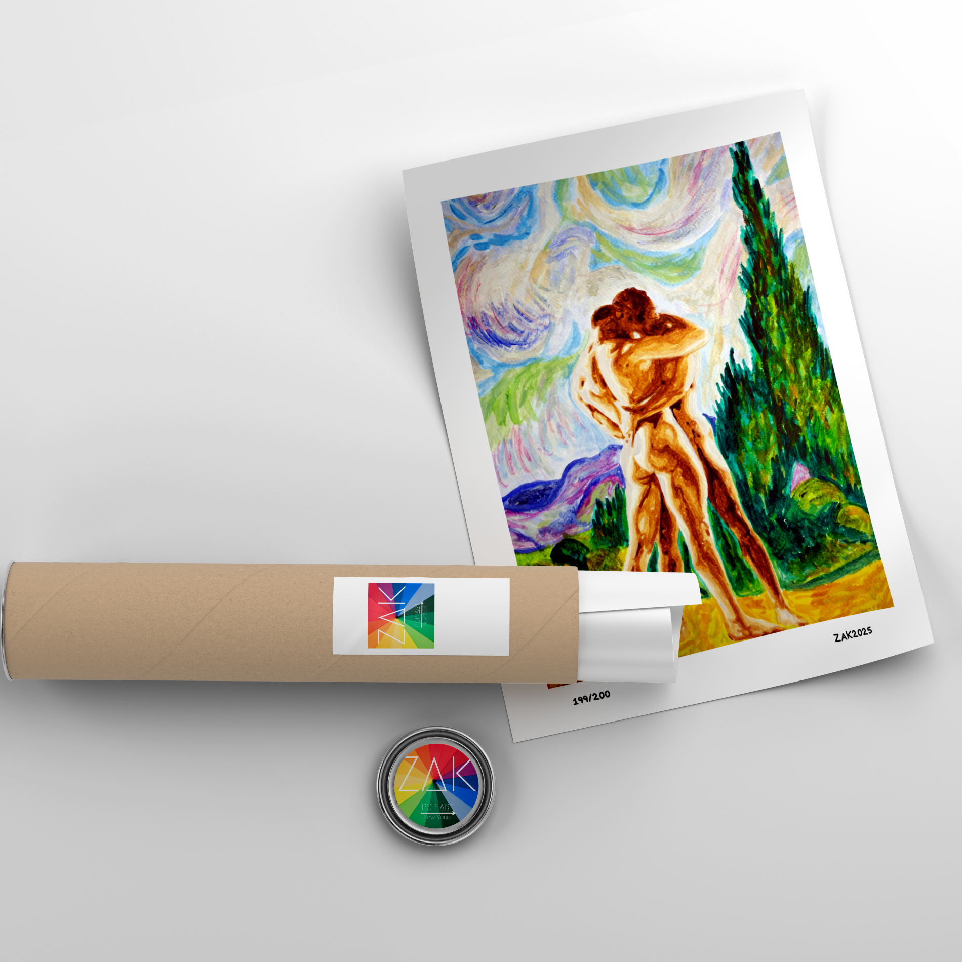 Artistic depiction of a couple embracing with a roll of paper and a small round object on a light gray background.
