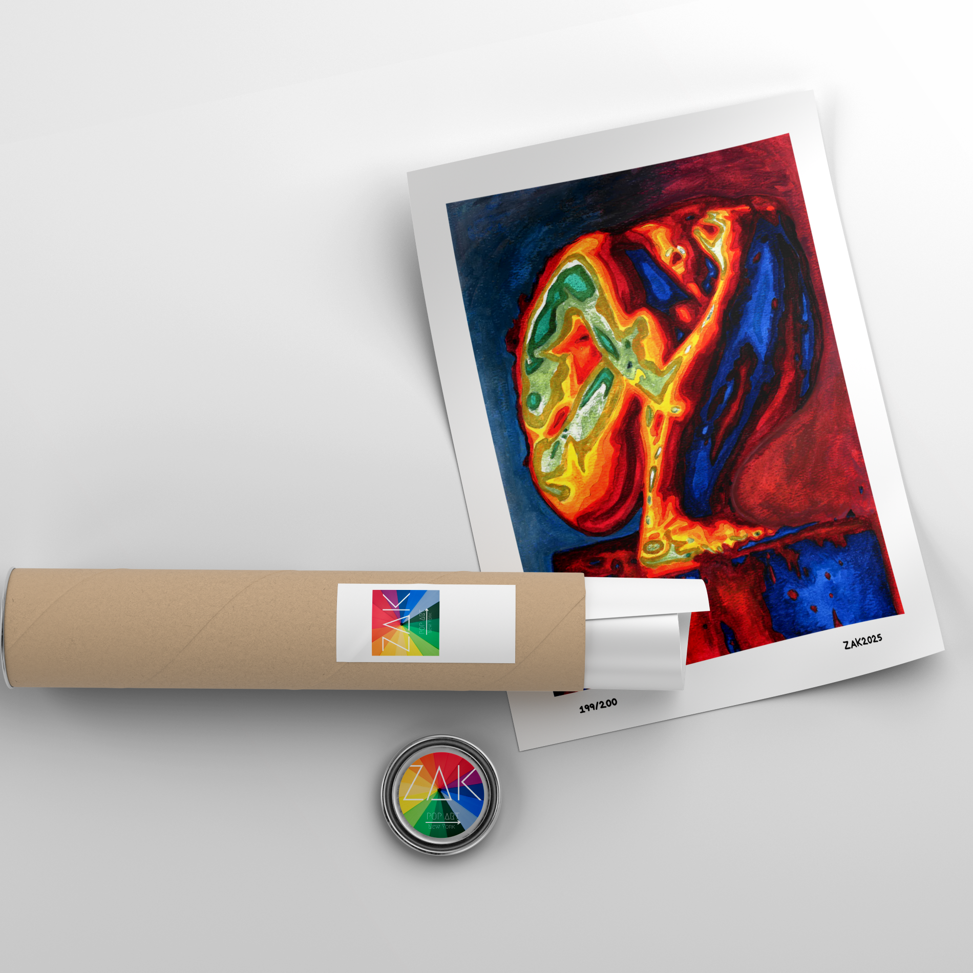 Colorful abstract art print on a white background with a roll of paper and a small round object.