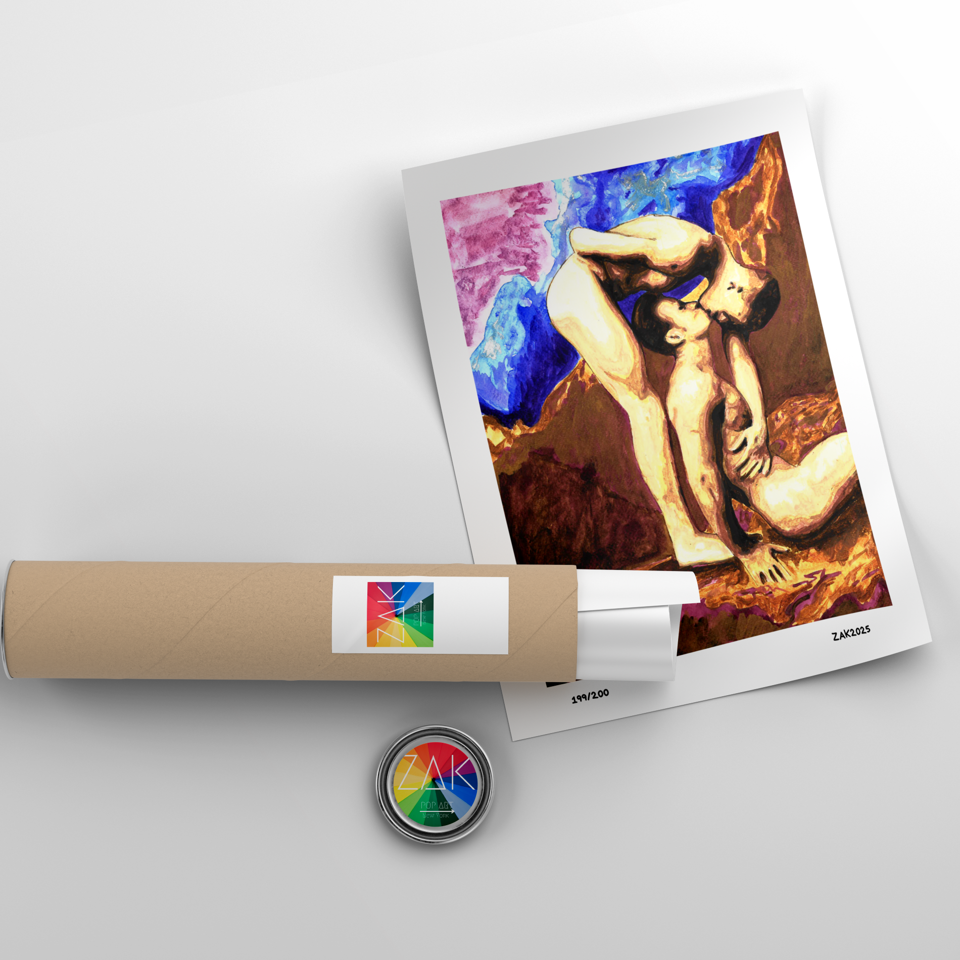 Artistic print of a nude figure on a white background with a cylindrical object and circular emblem.