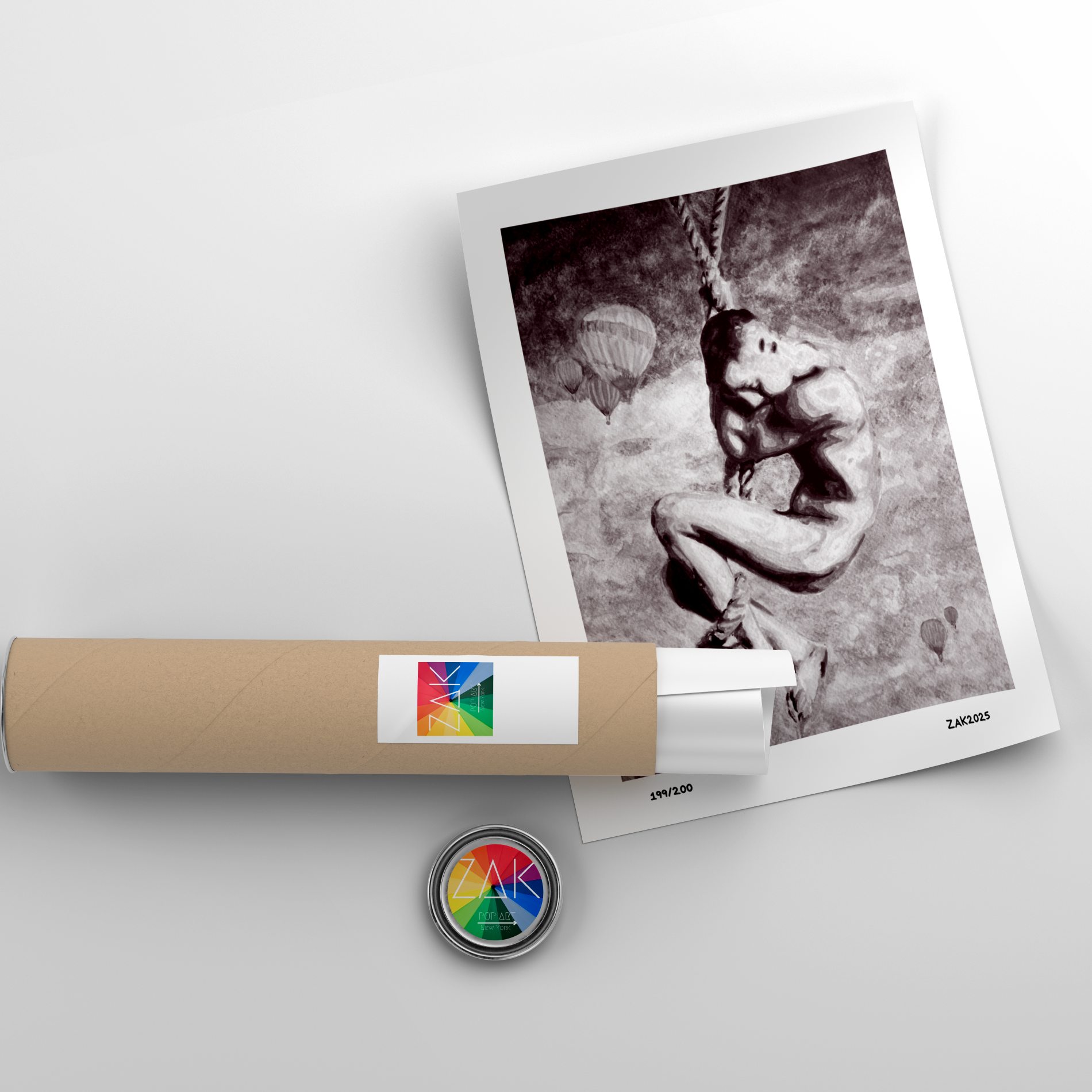  Rolled-up poster with a photo of a person on a cloud, placed on a light gray surface.