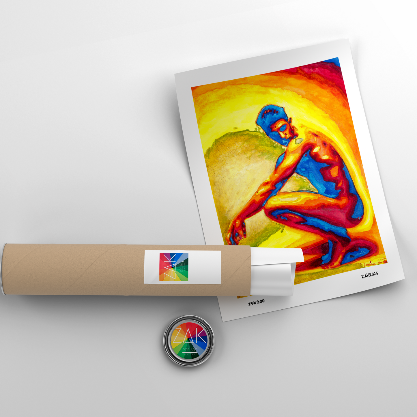 Colorful abstract painting on a white background with a roll of paper and a logo.