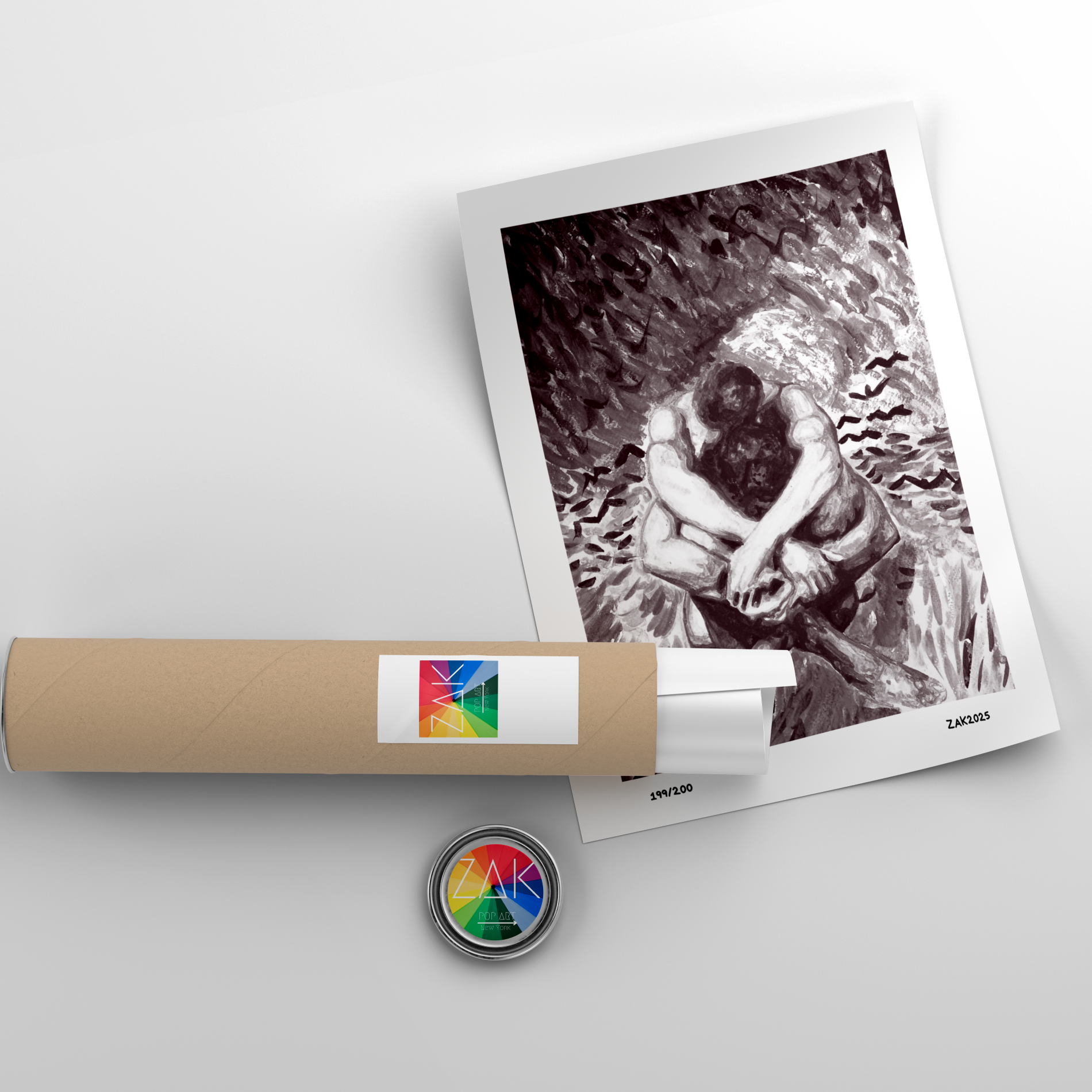 Framed black and white photo of a couple embracing, with a roll of film and a lens cap on a light gray background.