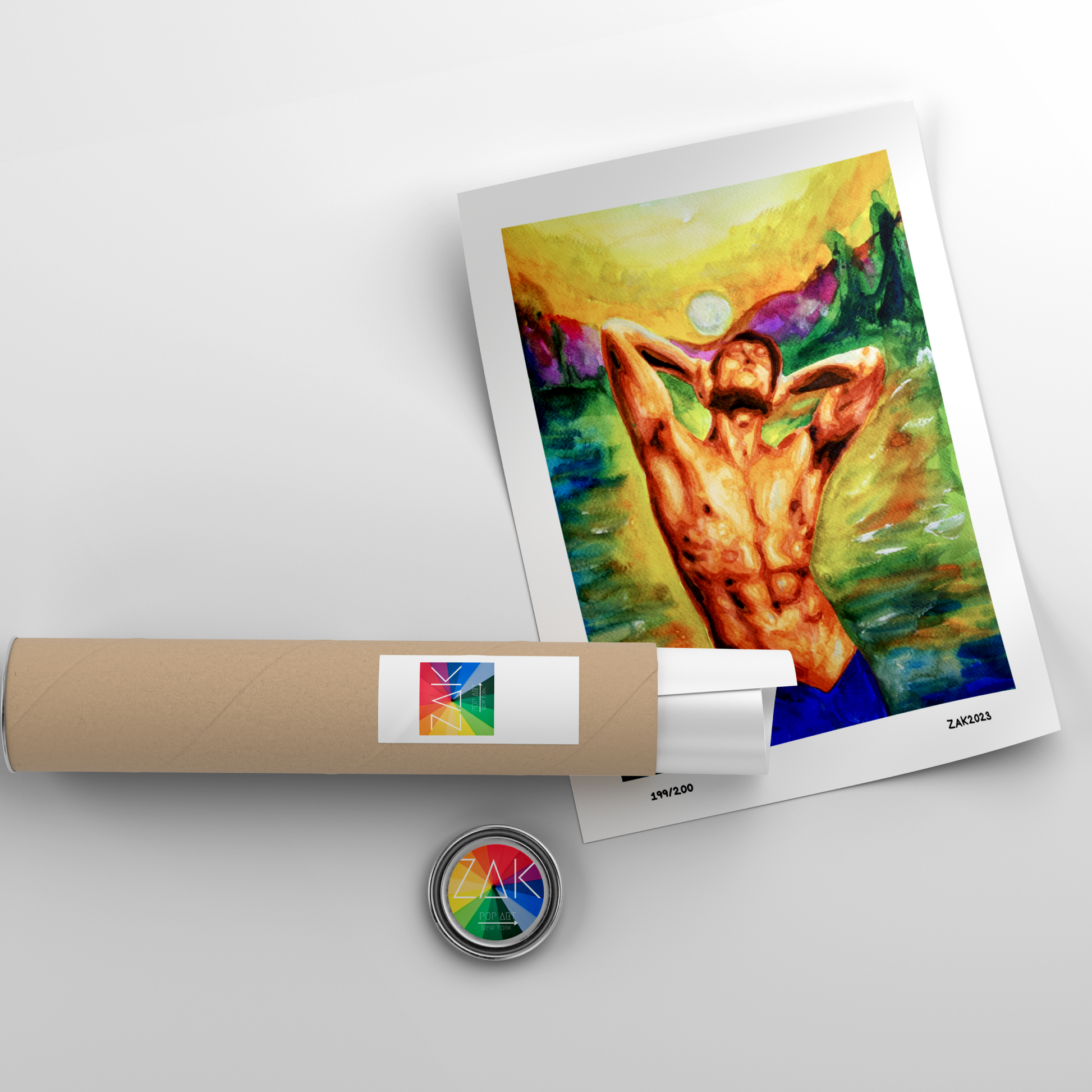 Rolled-up painting of a nude figure with a colorful label on a light gray background