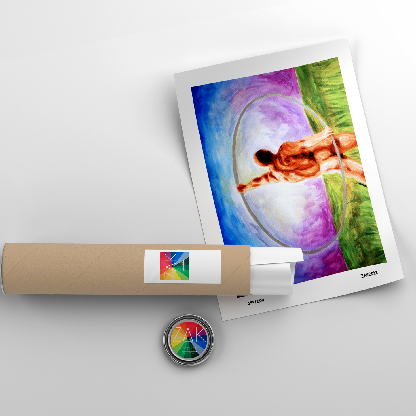 Rolled-up poster with a colorful design of a person in a swimsuit, on a white background.