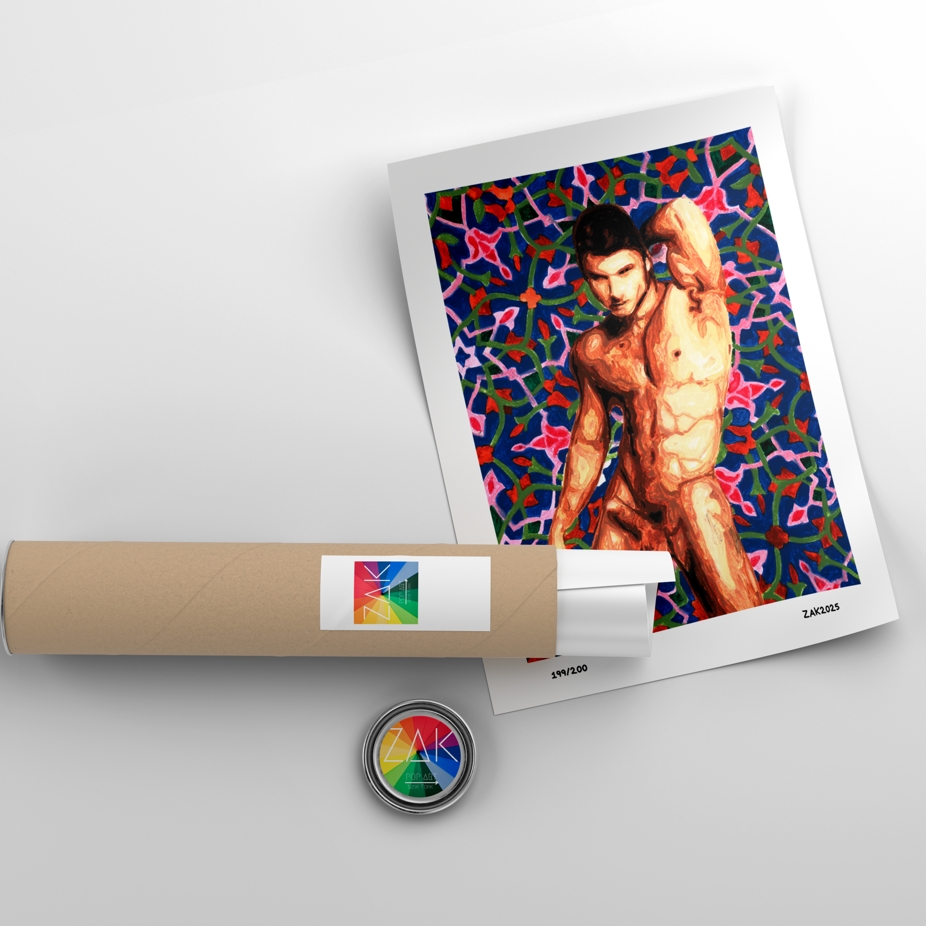 Art print of a shirtless man with colorful abstract design on a white background