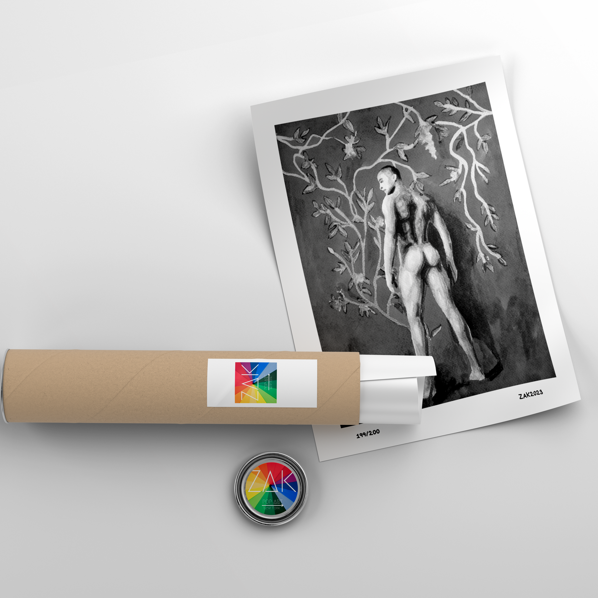 Art print of a nude figure with a cylindrical packaging tube and a round coaster on a light gray background