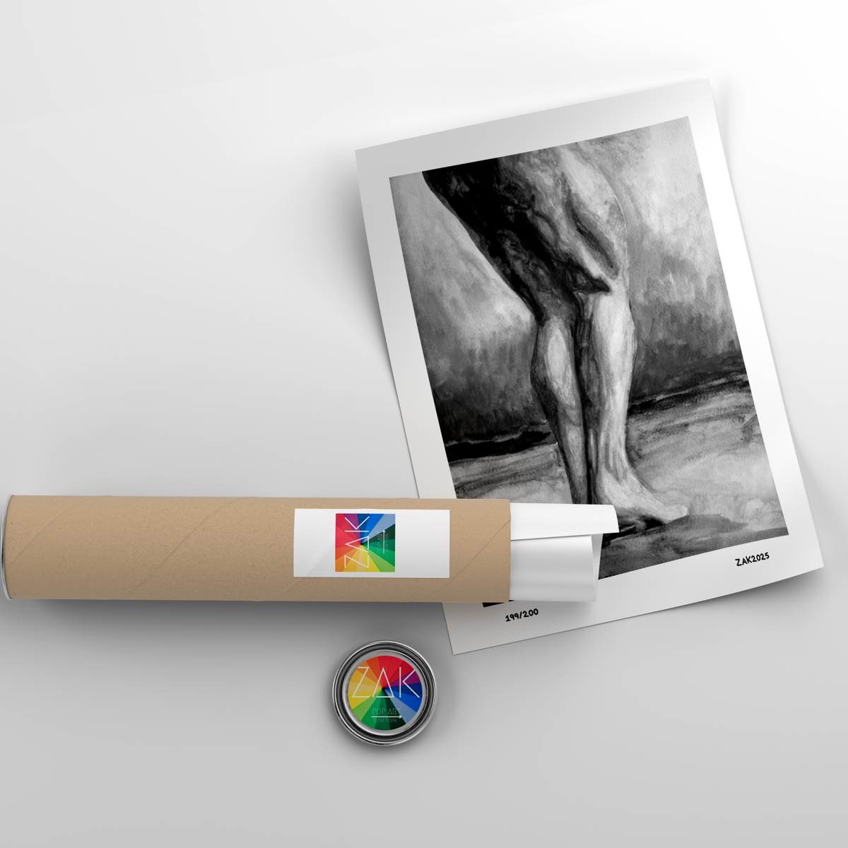 Black and white watercolor of muscular male legs standing barefoot in a field. Grayscale queer symbolism by Zak Pop Art