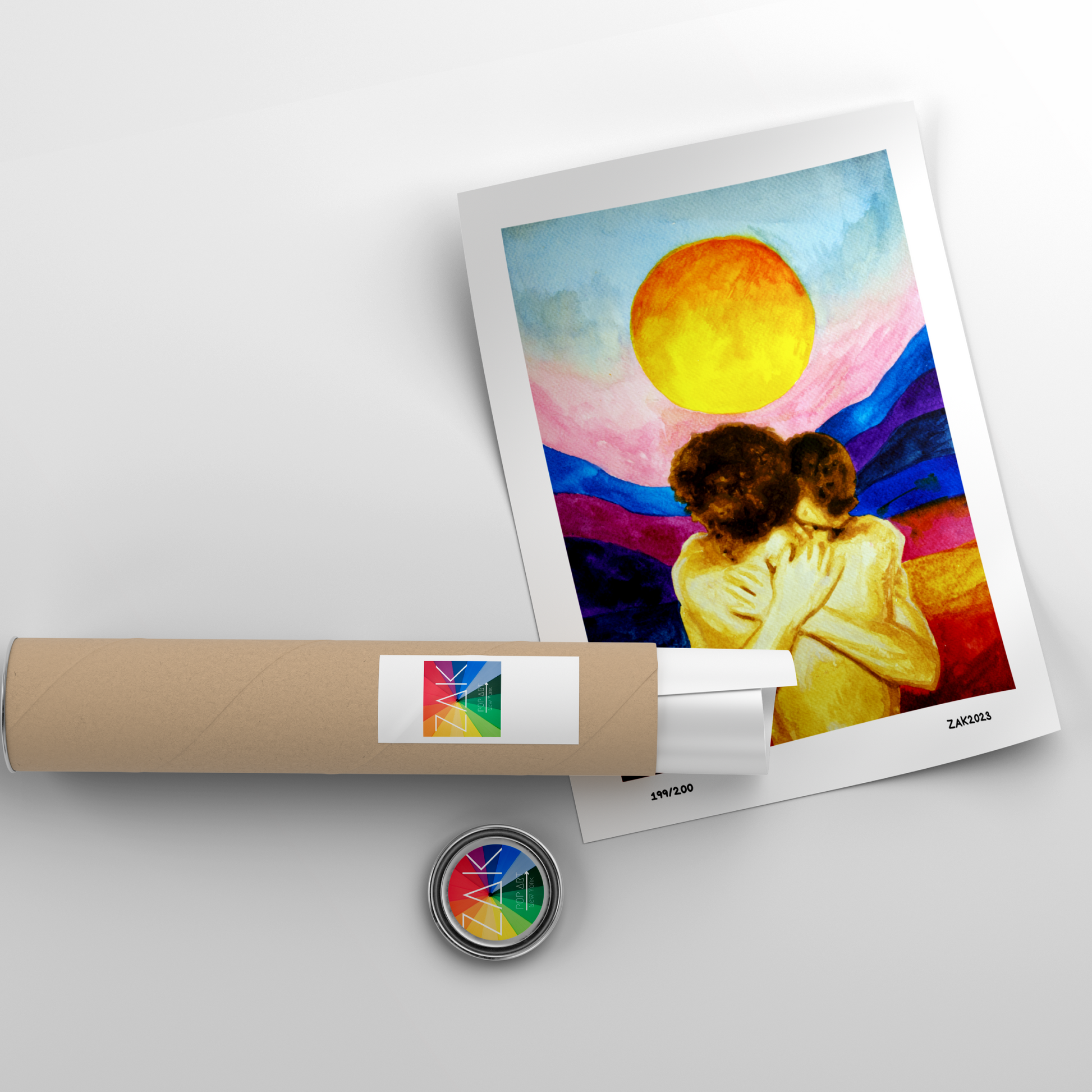Artistic print of a couple embracing under a colorful sky with a roll of paper and color swatch on a light gray background.