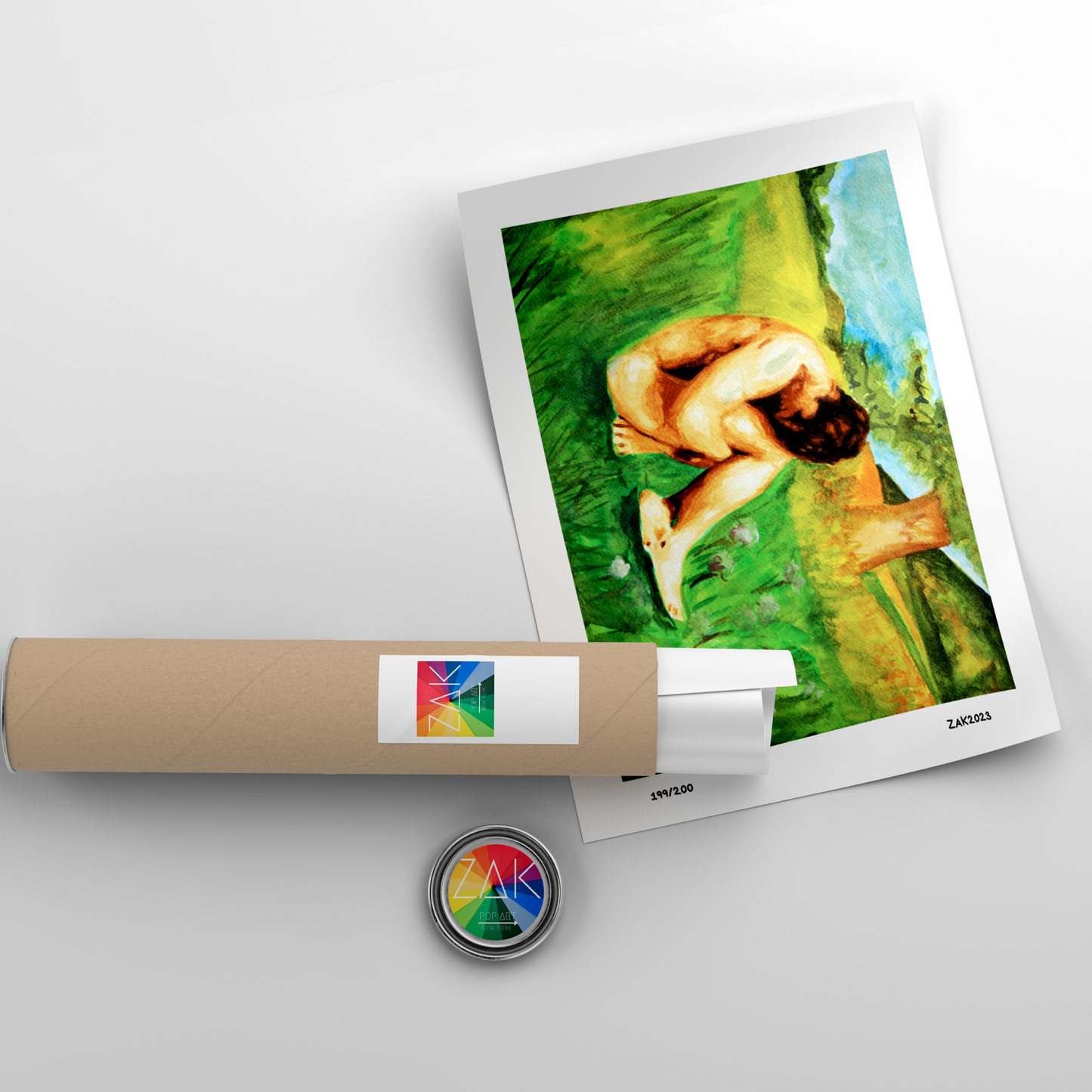Rolled-up poster with a print of a nude figure on a white background