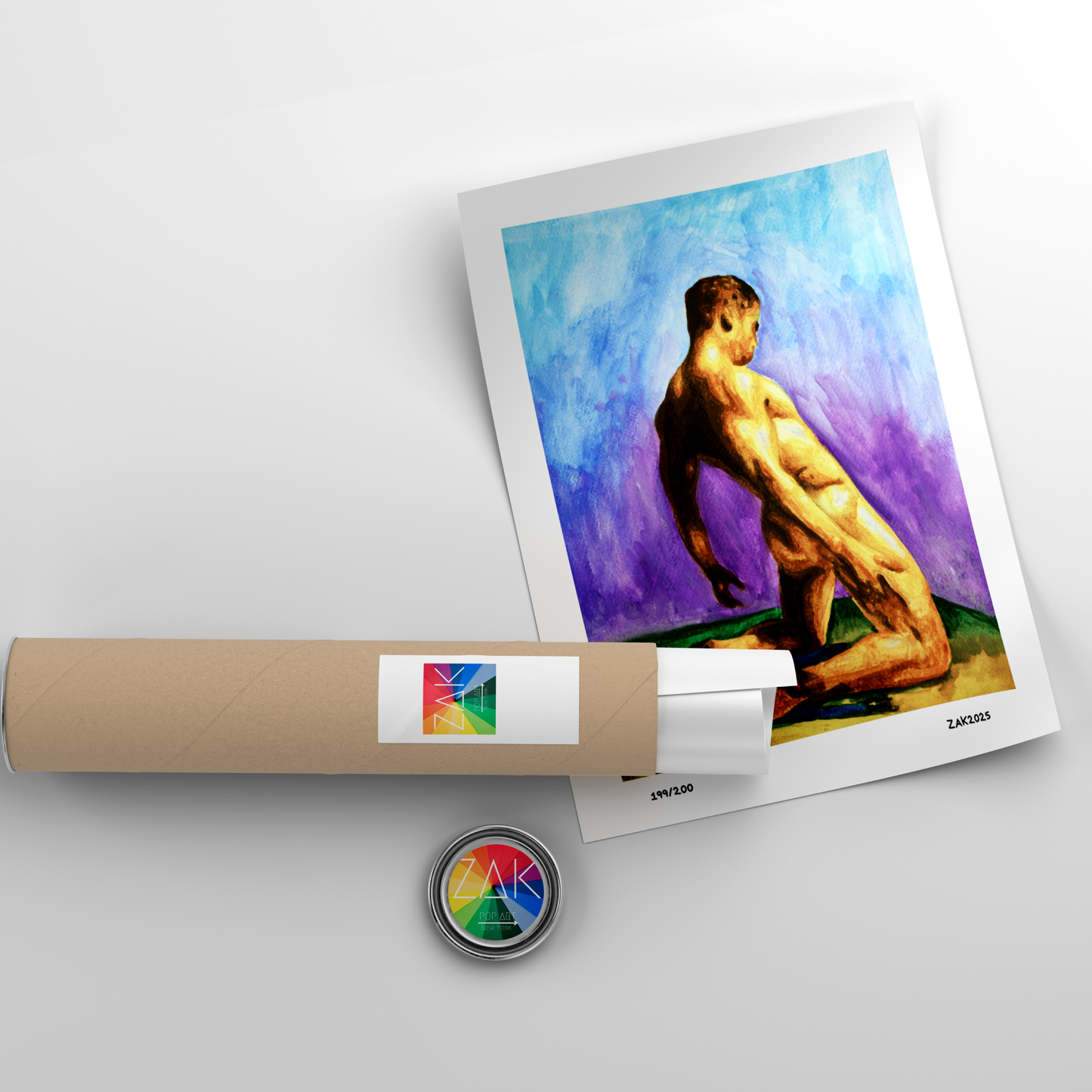 Watercolor painting of a nude man kneeling from behind in a grassy field under a bright blue sky, expressing calm, strength, and queer identity.