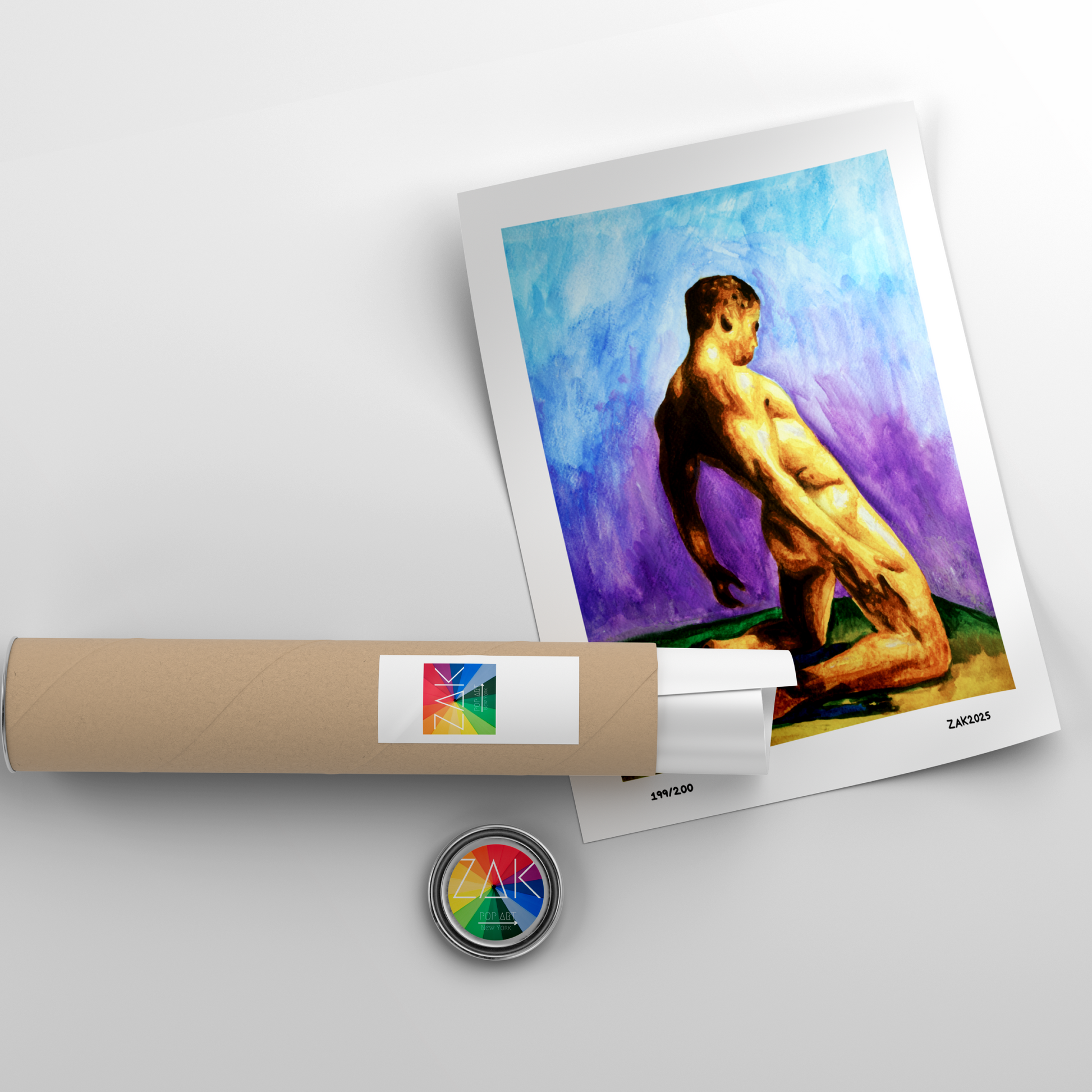 Watercolor painting of a nude man kneeling from behind in a grassy field under a bright blue sky, expressing calm, strength, and queer identity.
