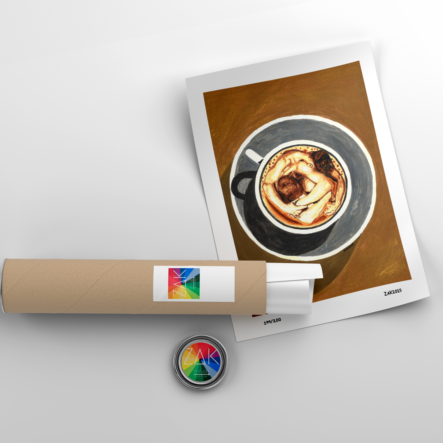 Rolled-up poster with a coffee cup design on a white background