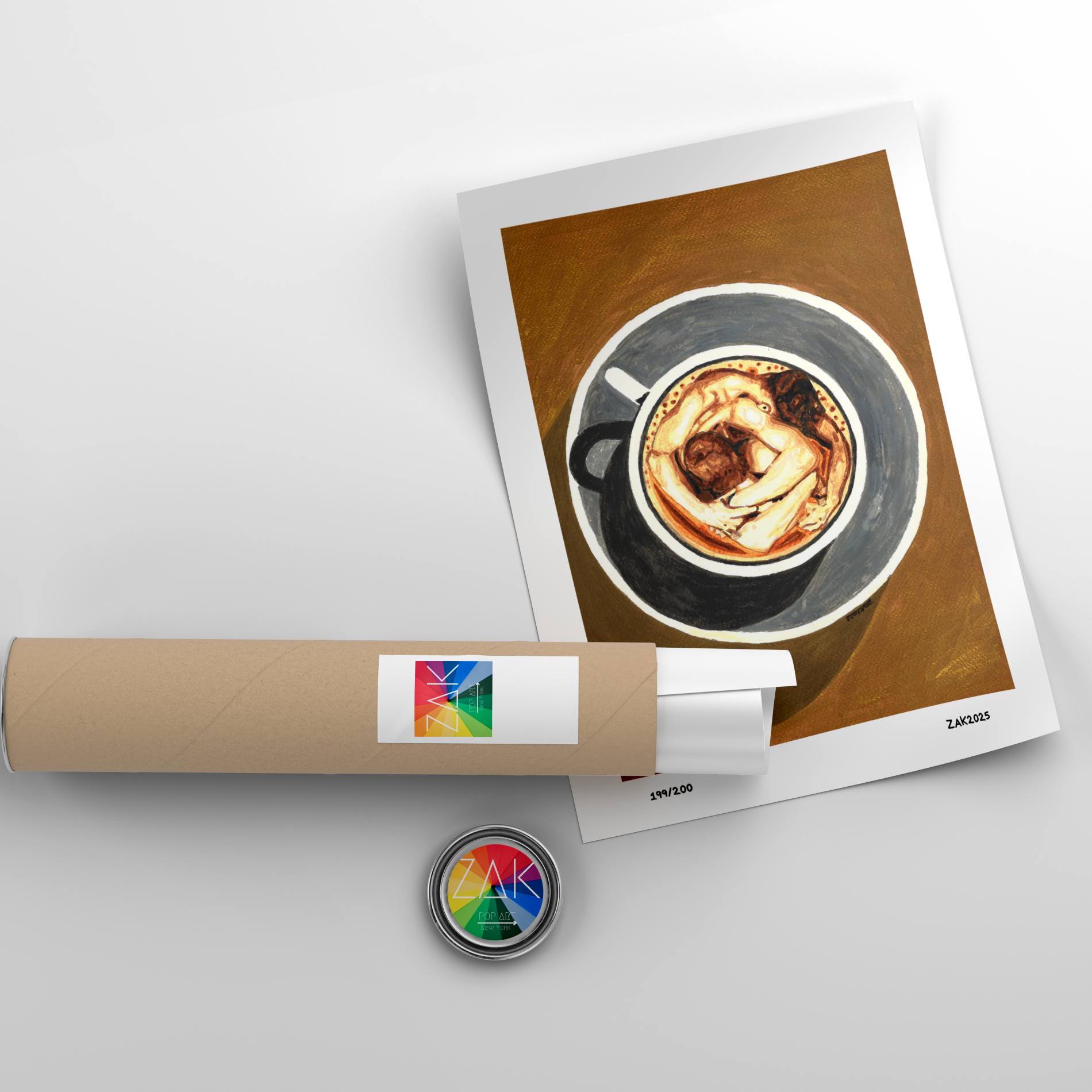 Rolled-up poster with a coffee cup design on a white background