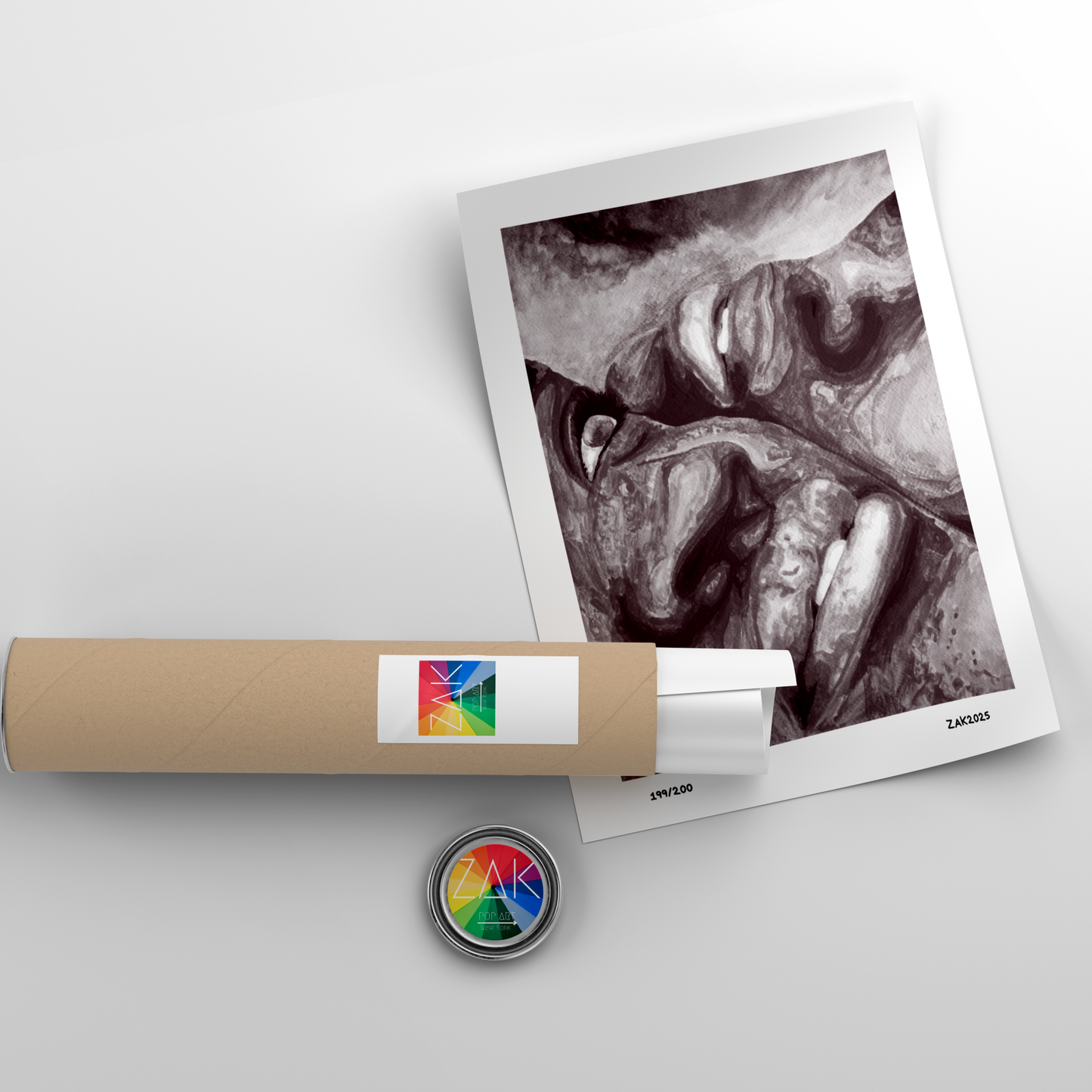 Roll of paper with a printed photo on a light gray background