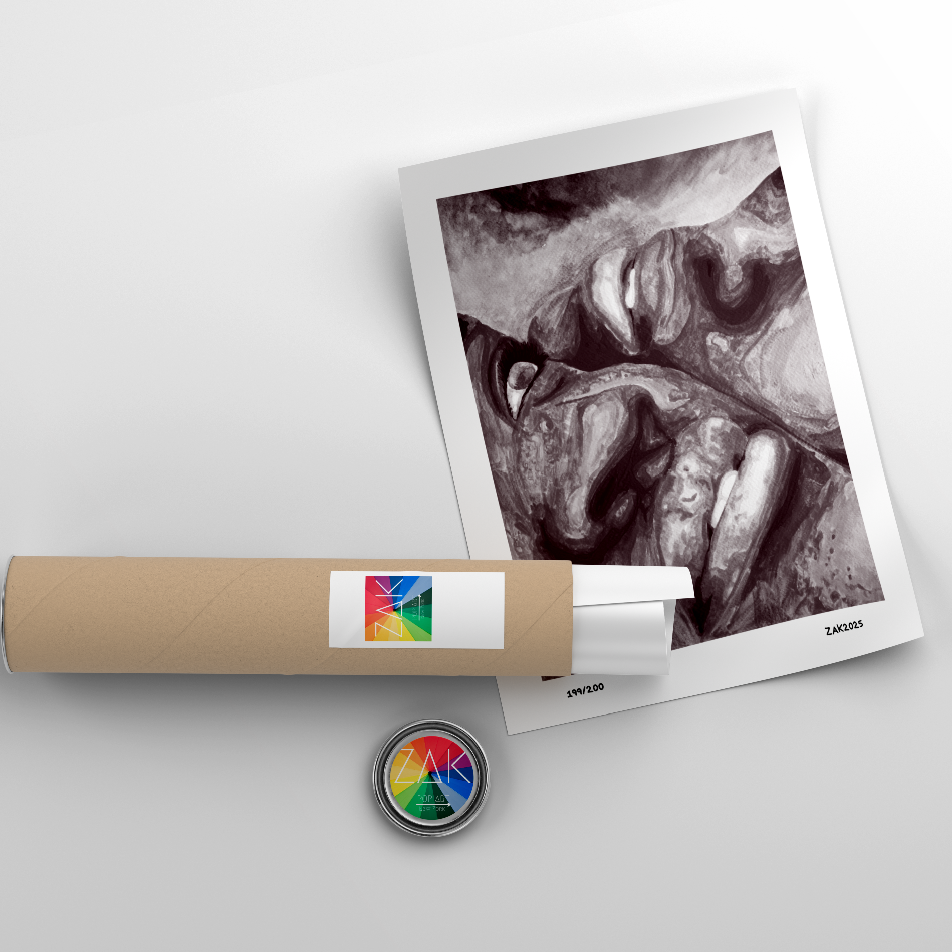 Roll of paper with a printed photo on a light gray background