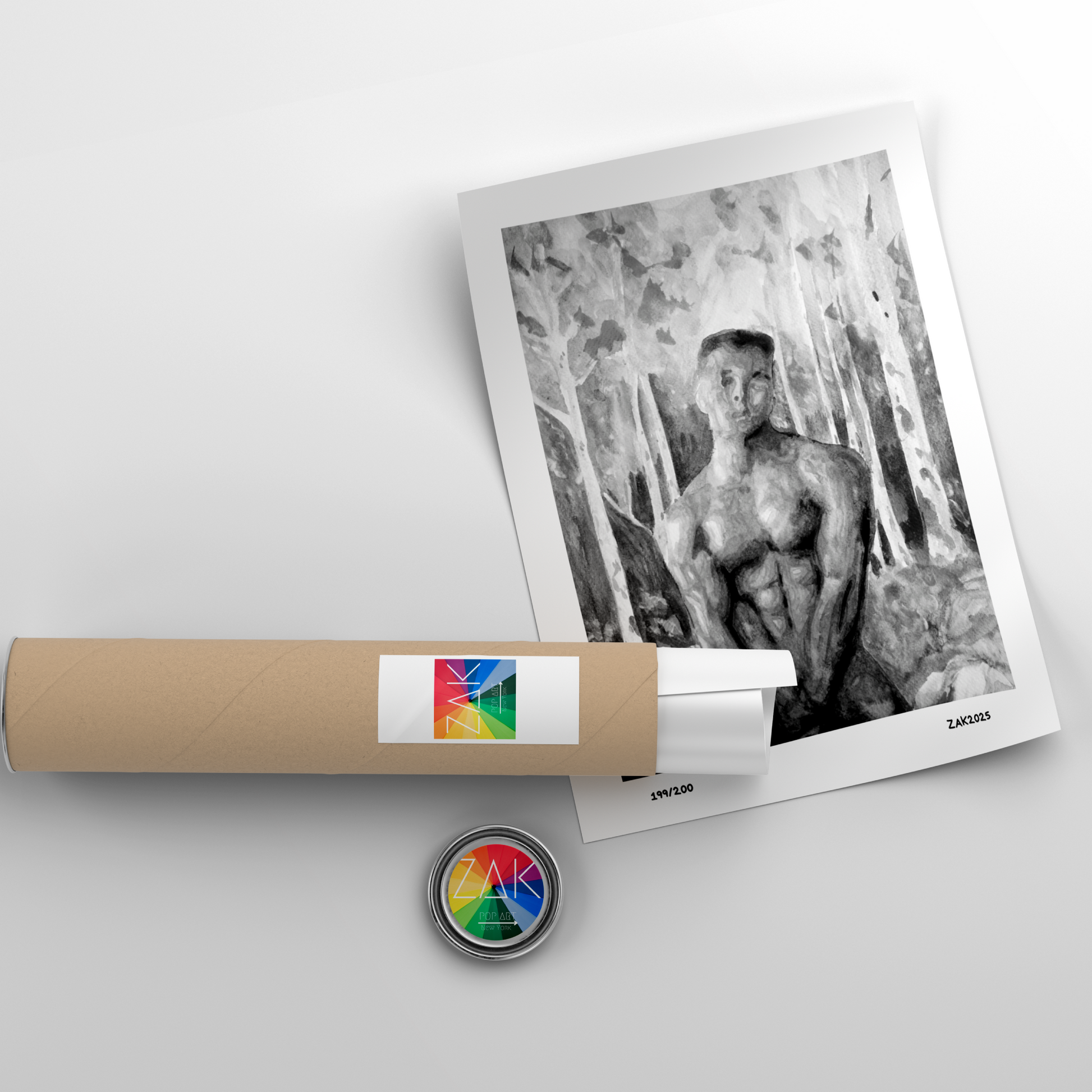 
Black and white watercolor painting of a muscular nude man in a misty forest, covering his genitals with one hand and looking directly at the viewer. Queer male figure art by Zak Pop Art.