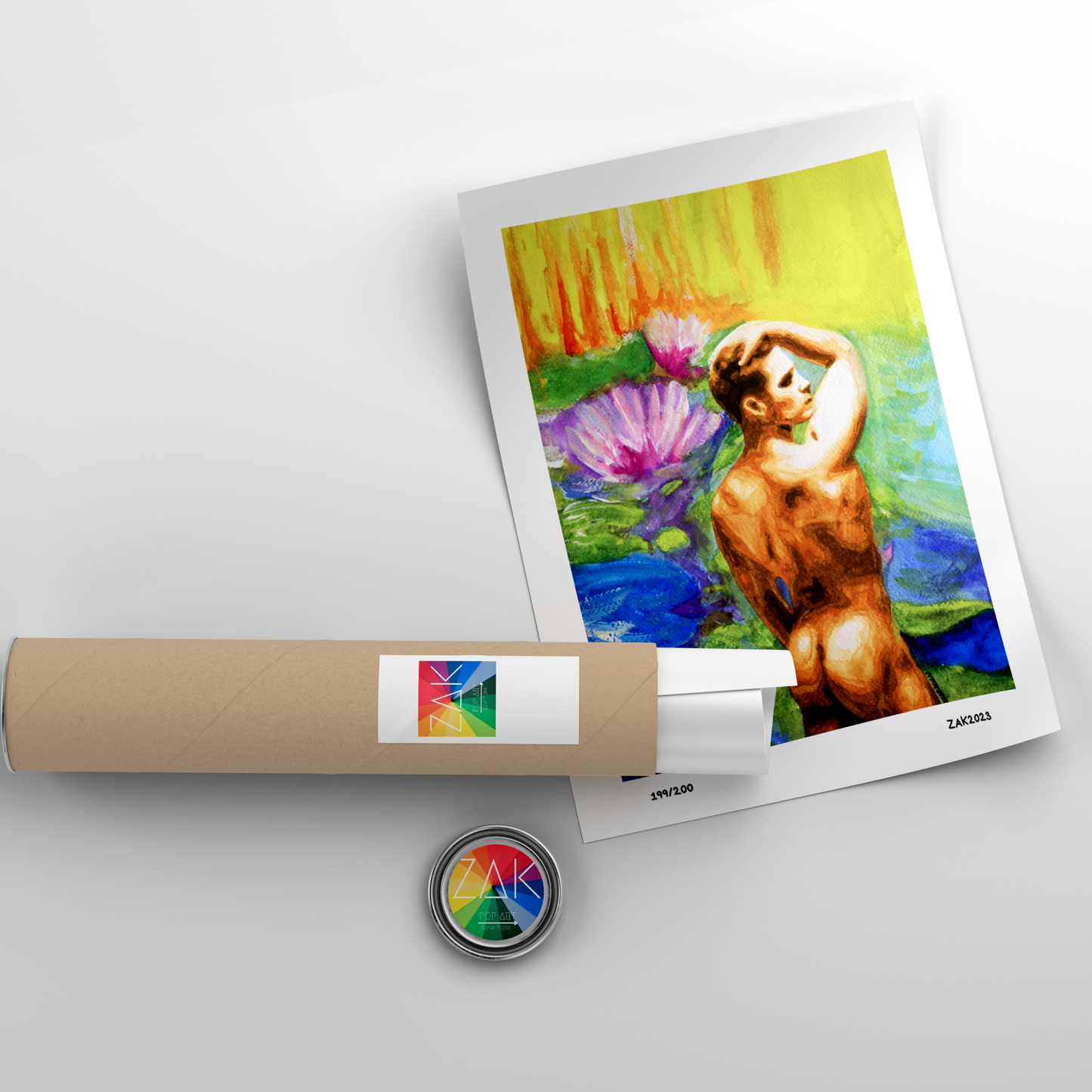 Artistic print of a nude figure with flowers, wrapped in brown paper with a colorful label, on a light gray background.