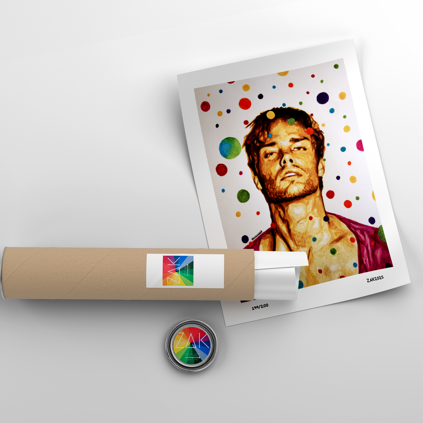 Artistic depiction of a person with colorful polka dots on a white background, accompanied by a cylindrical product and a round badge.