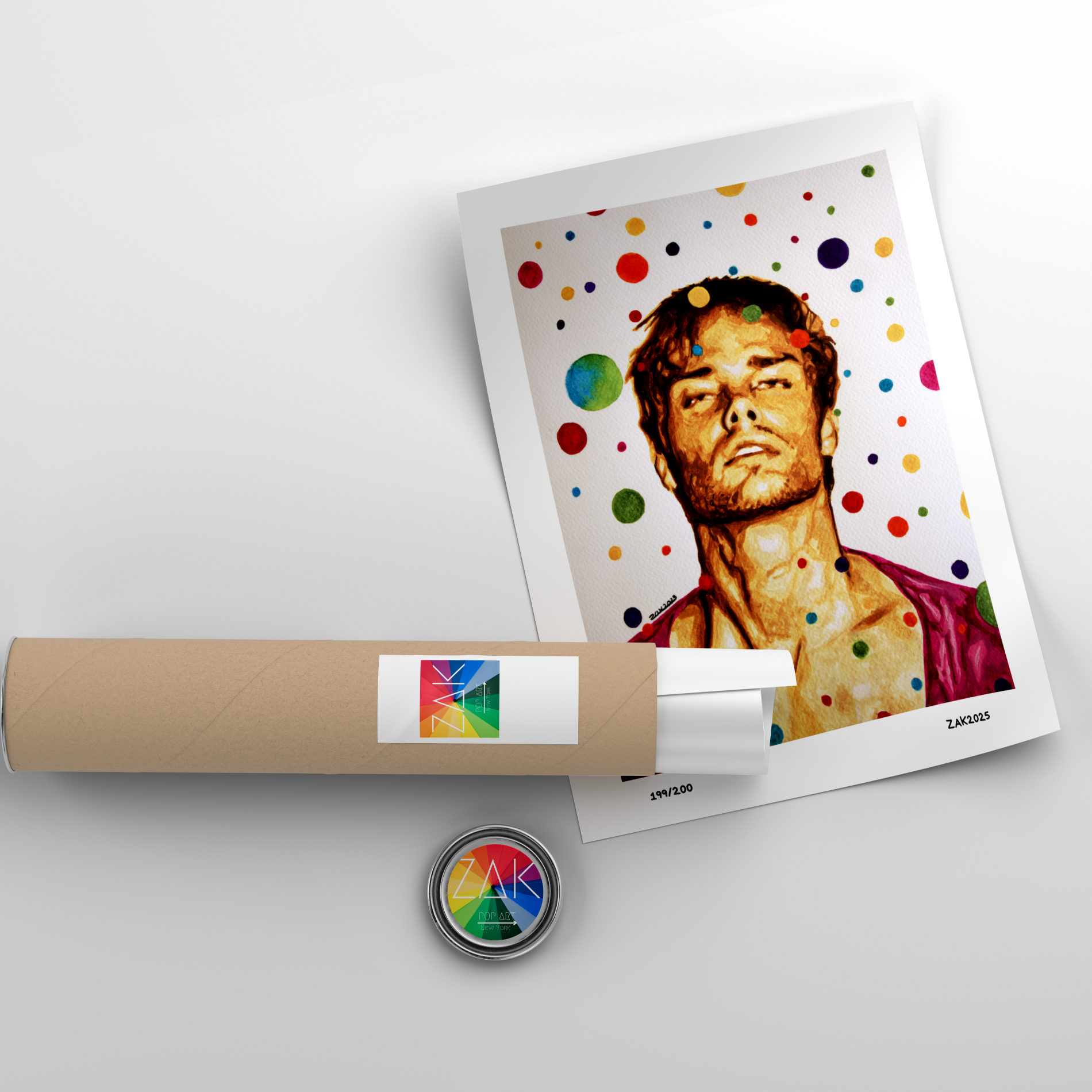 Artistic depiction of a person with colorful polka dots on a white background, accompanied by a cylindrical product and a round badge.