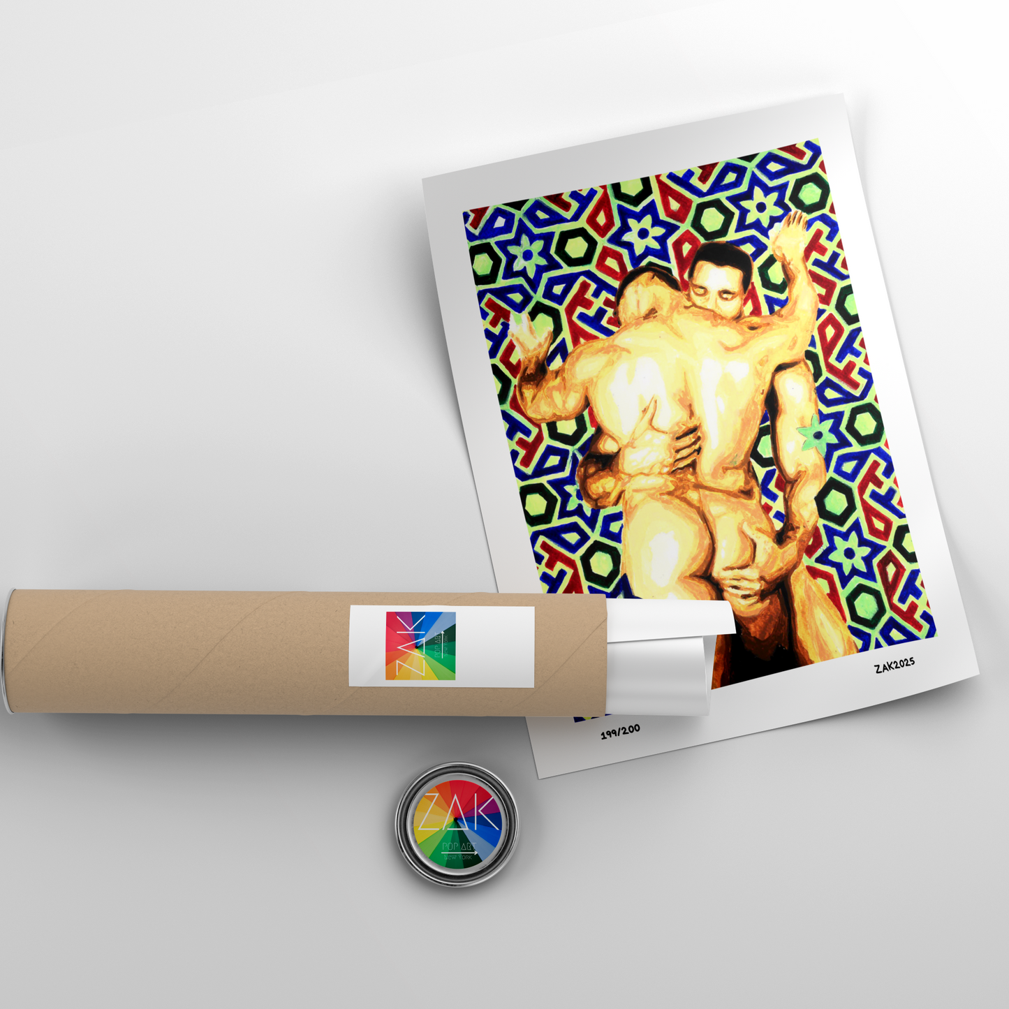 Artistic depiction of a nude figure with colorful geometric patterns on a white background