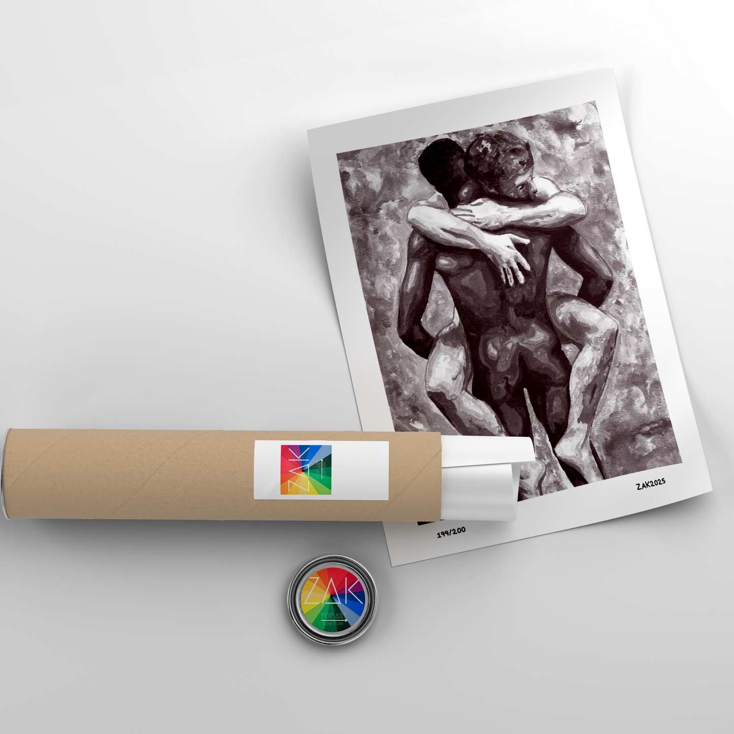 Rolled-up artwork with a label and a button on a light gray background