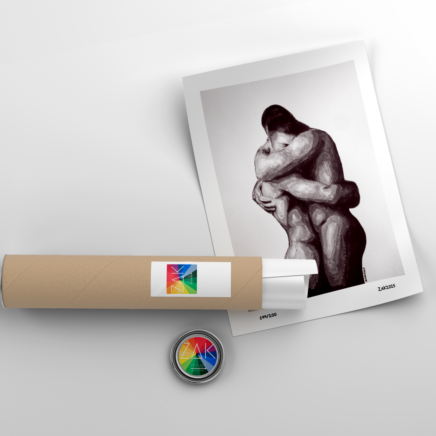Artistic depiction of a couple embracing with a cylindrical object and circular badge on a light gray background