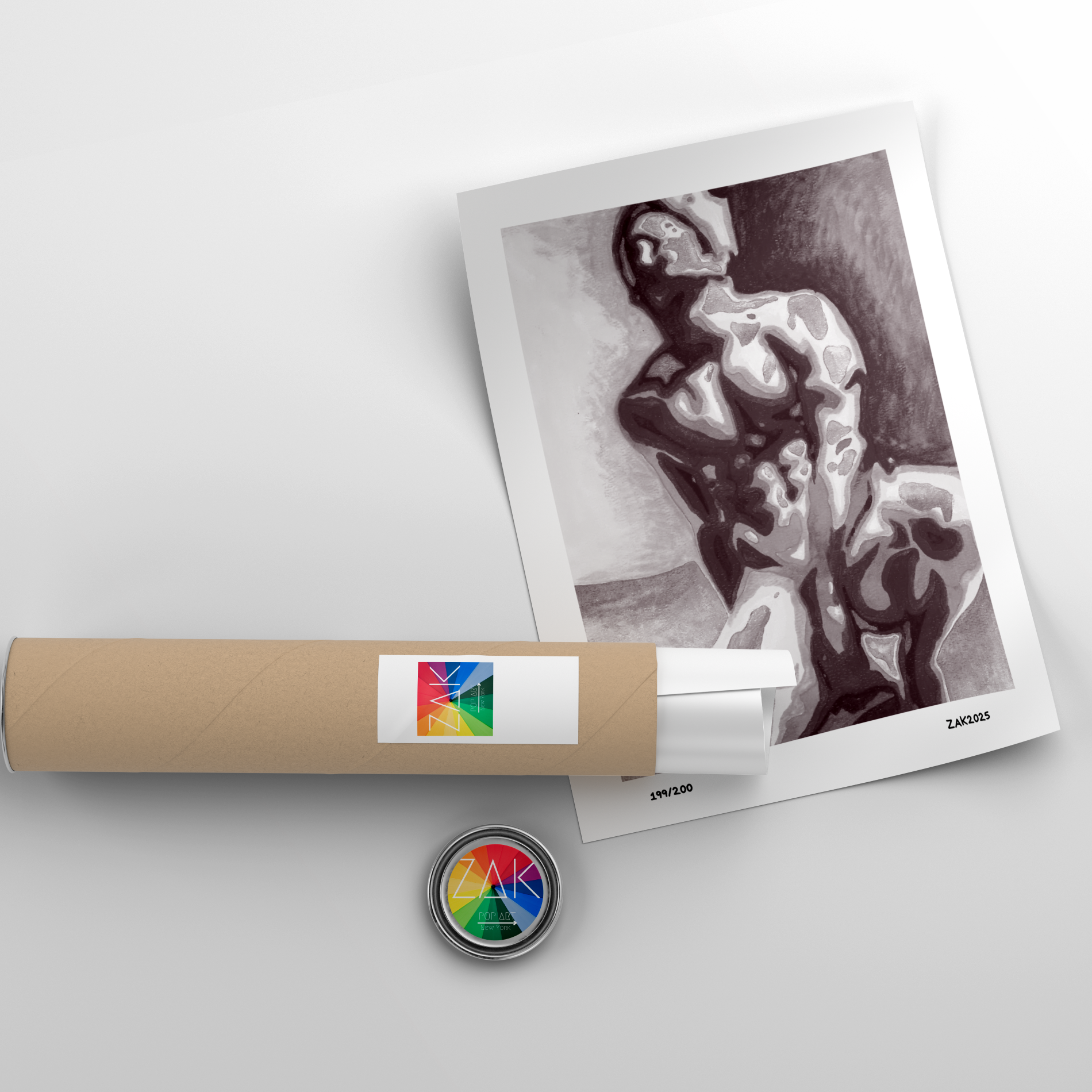 Roll of paper with a printed black and white photo of a nude figure on a light gray background