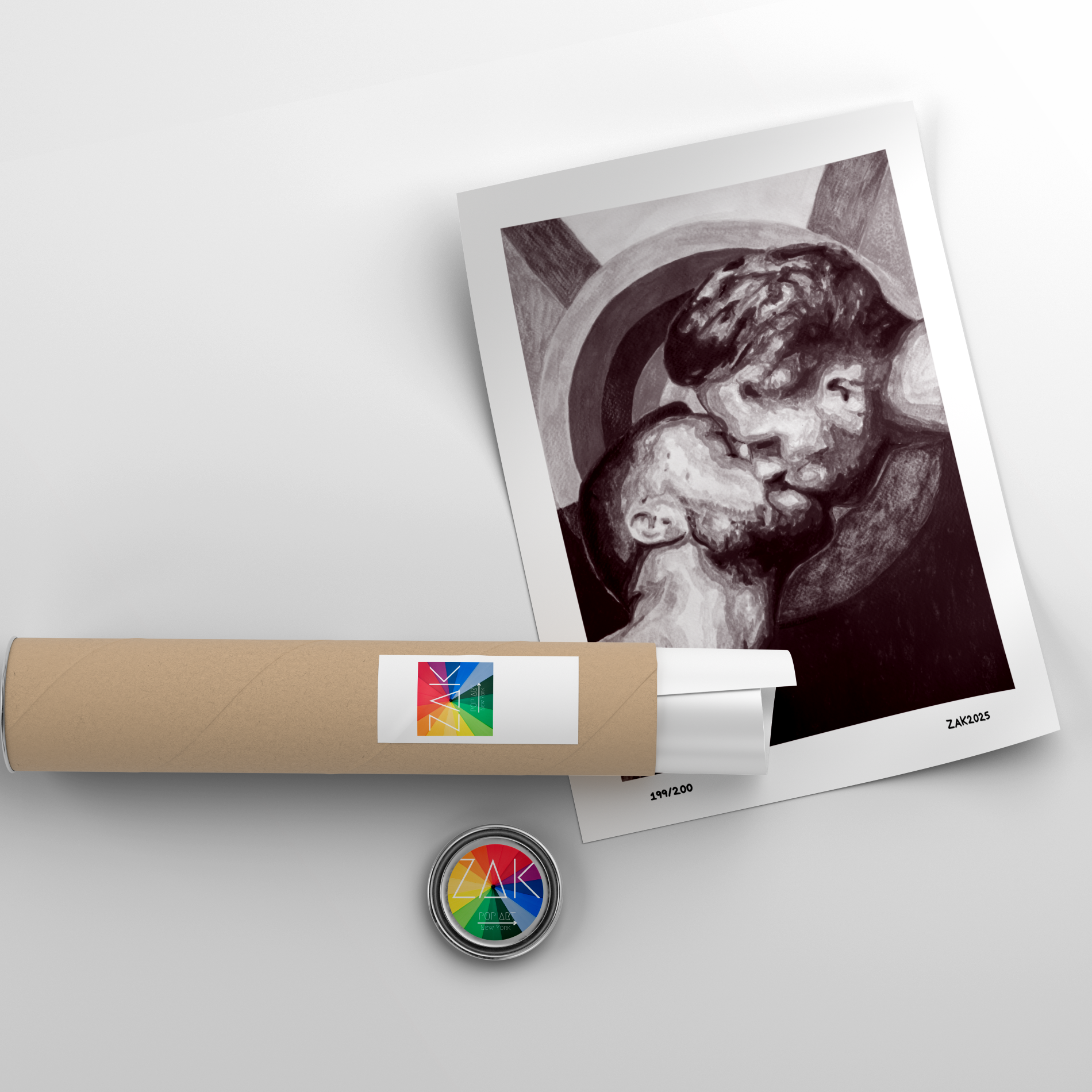 Rolled-up poster with a printed image of two people embracing, placed on a light gray surface.