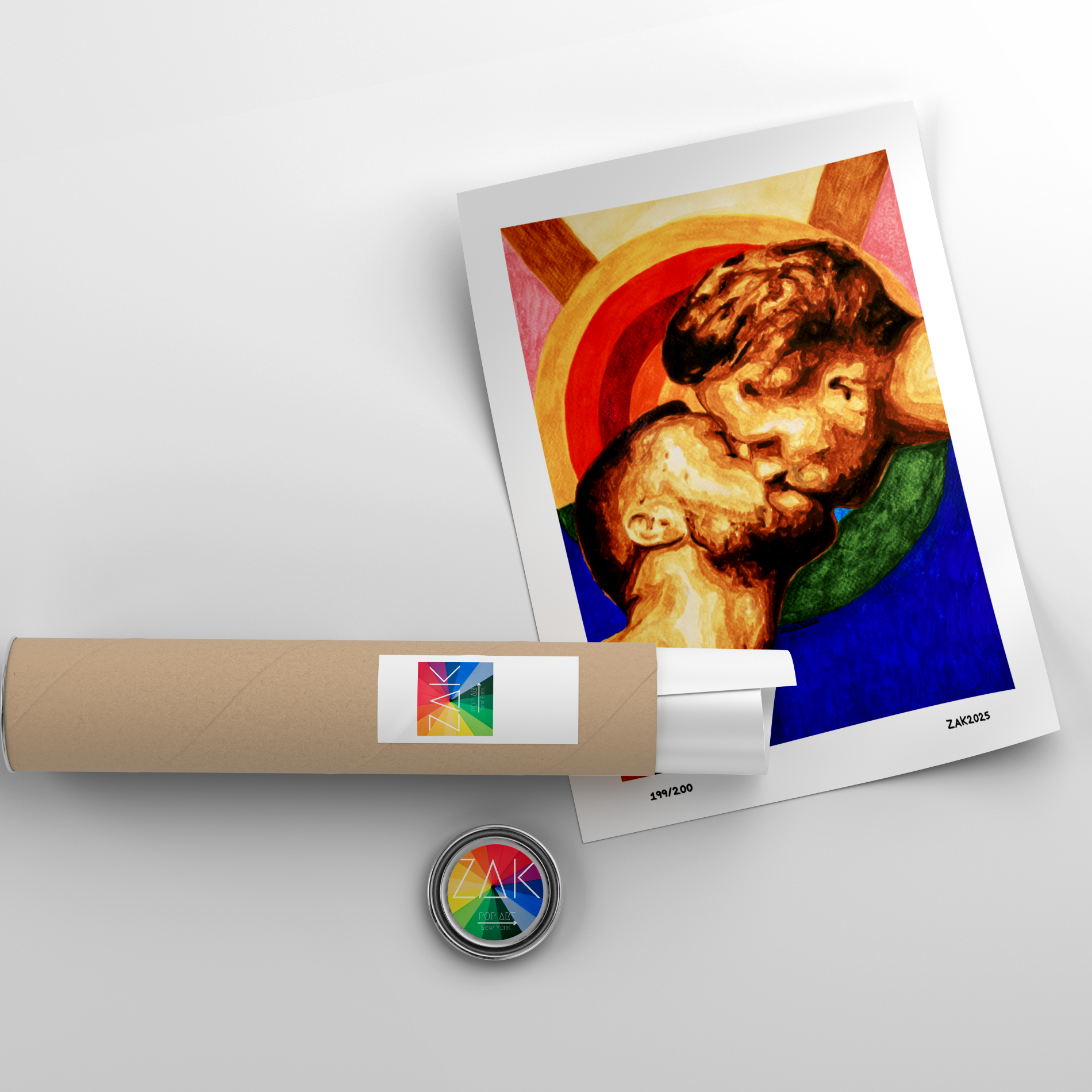 Artistic depiction of two figures embracing with a cylindrical product and logo in the foreground on a light gray background