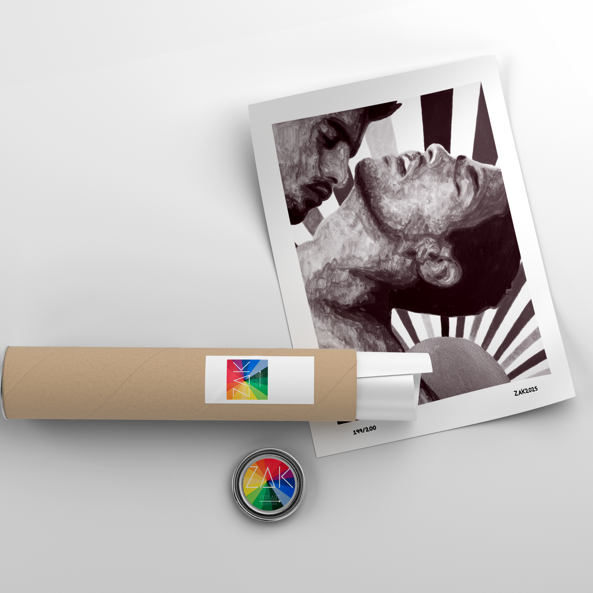 Artistic depiction of a person with a cylindrical object and a button on a light gray background